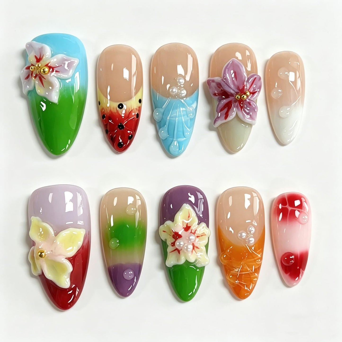 Handmade Press on Nails Almond Medium 3D Floral French Tip Thick Acrylic Fake Nails False Nails with Flower Polka Dots Pearls Designs Colorful Sturdy Nail Art Press on Nails 10Pcs(M)