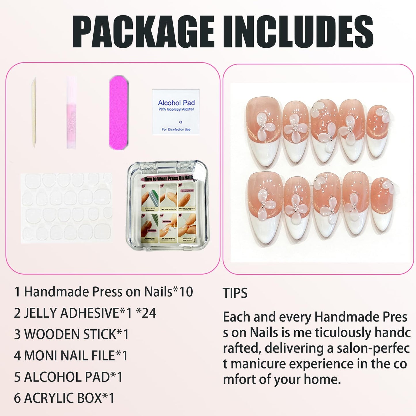 Handmade Press On Nails Medium Almond Nude Pink Sculpted Flowers Paired With Creamy White Reusable Wedding Prom And Festival Gift Handmade Acrylic Press On Nails Aacrylic Nail (L)