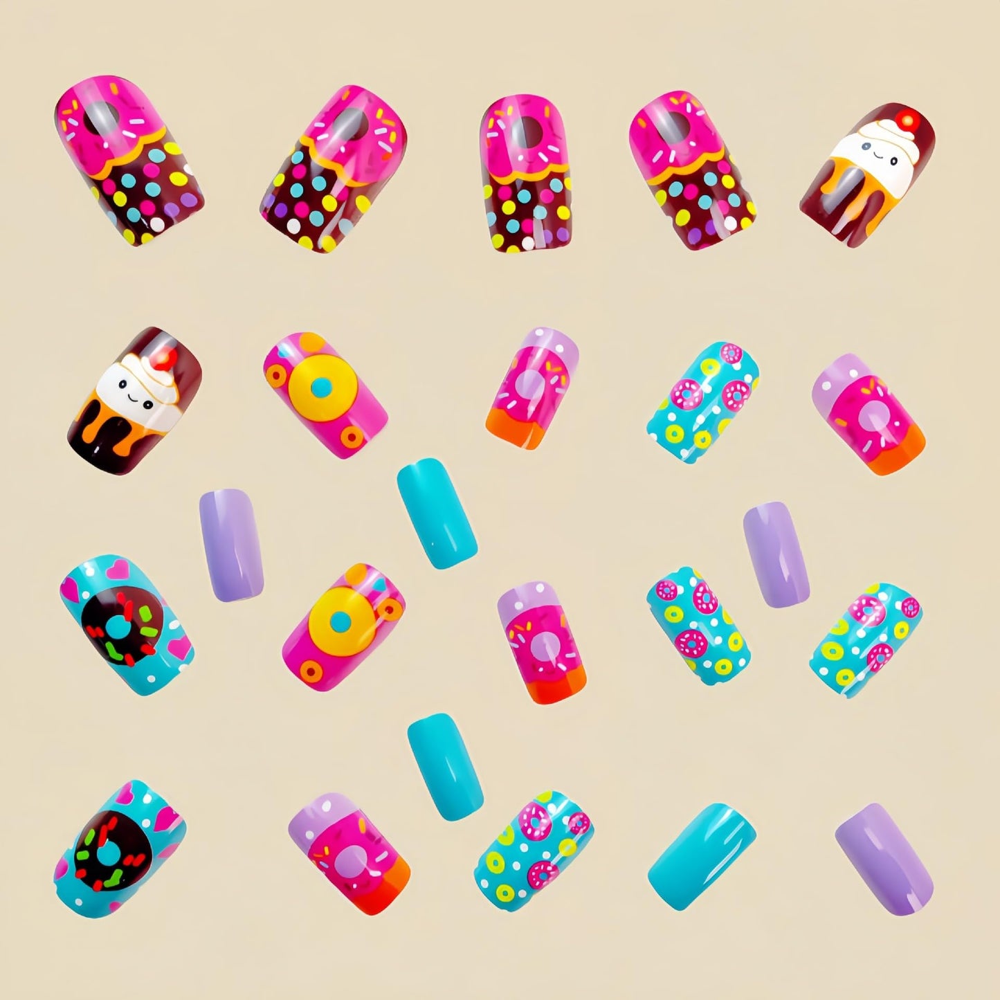 Cute Donut Press on Nails Colorful Cartoon Fake Nails Long Coffin Shape Reusable Glue-On False Nails Kit with Sweet Dessert Designs for Women Girls 24 PCS