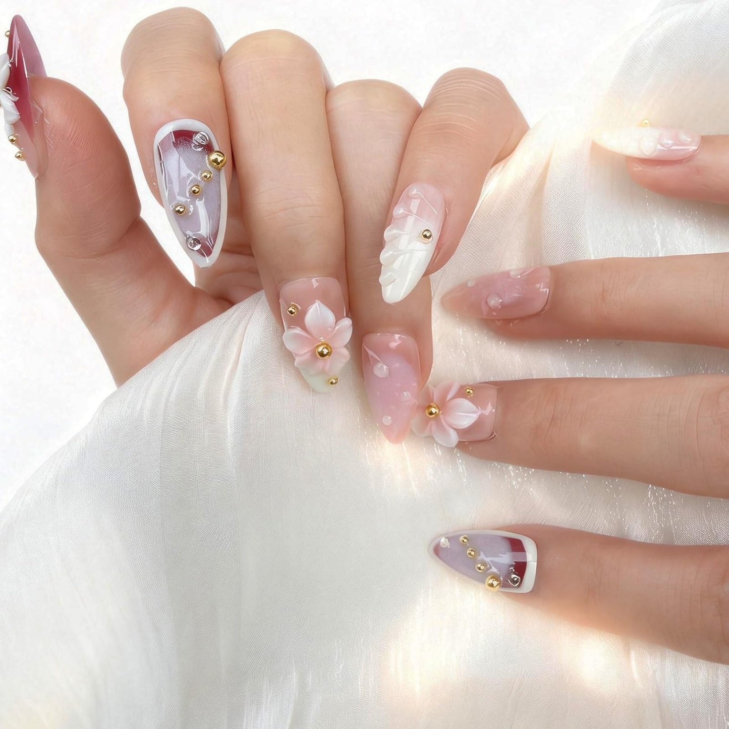 Luxury Press on Nails, Medium Almond 3D Handmade Nails, Reusable French Tip False Nails, Pink Flower Metal, Thick Acrylic ABS Nail Art (10PCS-S)