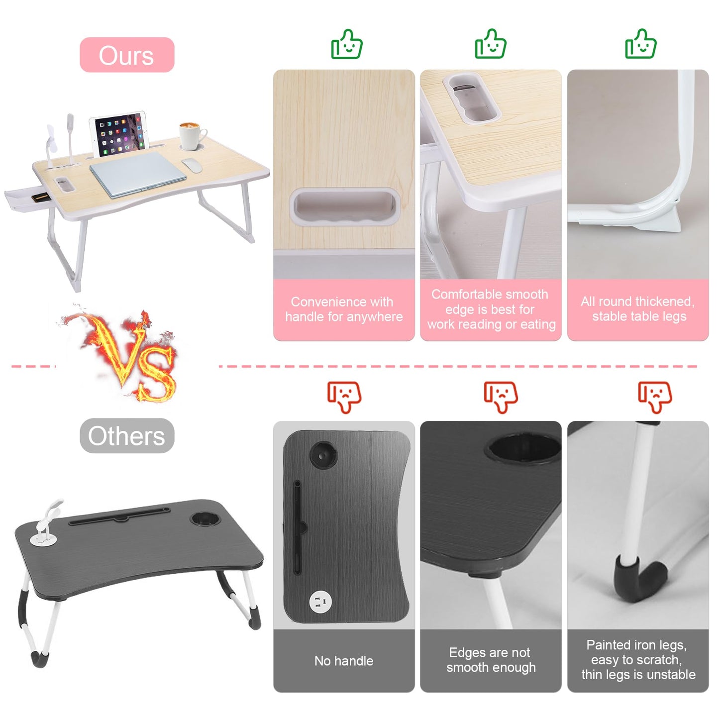 Laptop Bed Table, Laptop Desk for Bed, Foldable Laptop Bed Desk with USB Charge Port, Handle, Desktop Card Slot, Cup Slot, Side Drawer, Laptop Table Portable Notebook Stand for Eating Reading Working