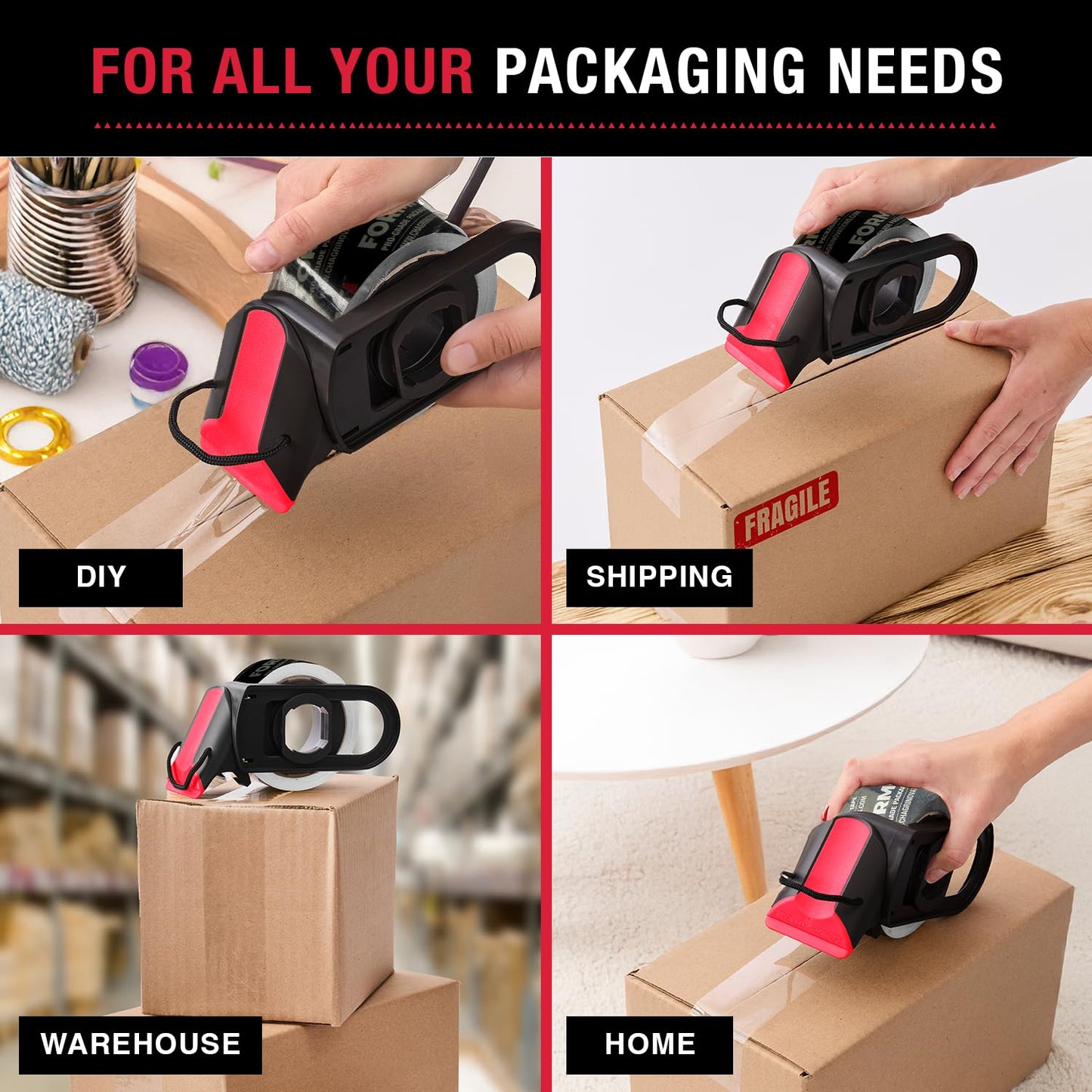 Tape Terror Packing Tape Dispenser - Heavy Duty Shipping Tape Dispenser for Boxes, Refillable, Fits Standard Bulk Tapes Up to 2" Wide - Razor-Sharp Cutting Packaging Tape Dispenser (1-Count)