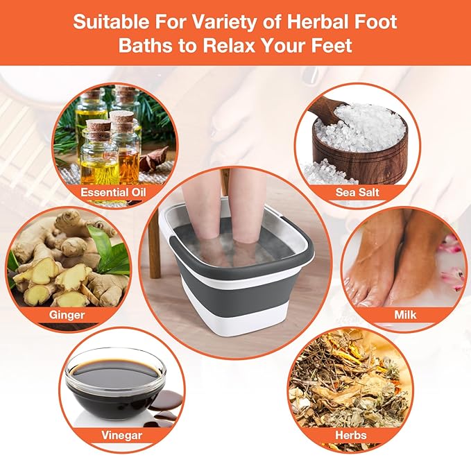 Udefineit Collapsible Foot Soaking Tub with Handle, 15L/4 Gallons, Portable Pedicure Feet Spa Tub, Plastic Feet Soaking Basin with Acupressure Massage Points, Folding Foot Spa Pedicure Bowl - Grey