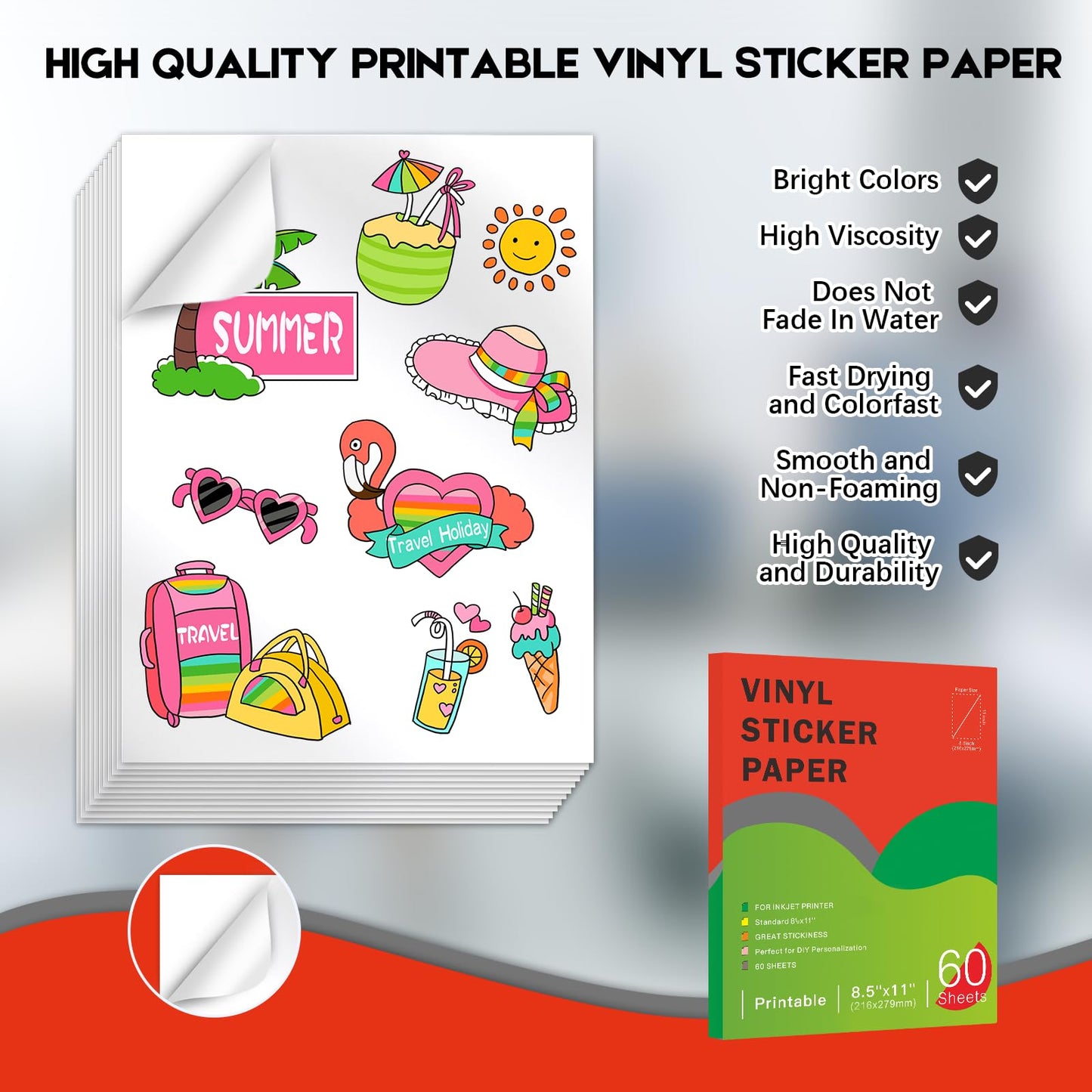 60 Sheets Premium Printable Vinyl Sticker Paper for Inkjet Printers Glossy White 8.5x11 Inch Waterproof & Vibrant Colours Retains Ink Well Tear Resistant Great for Cutting Machines