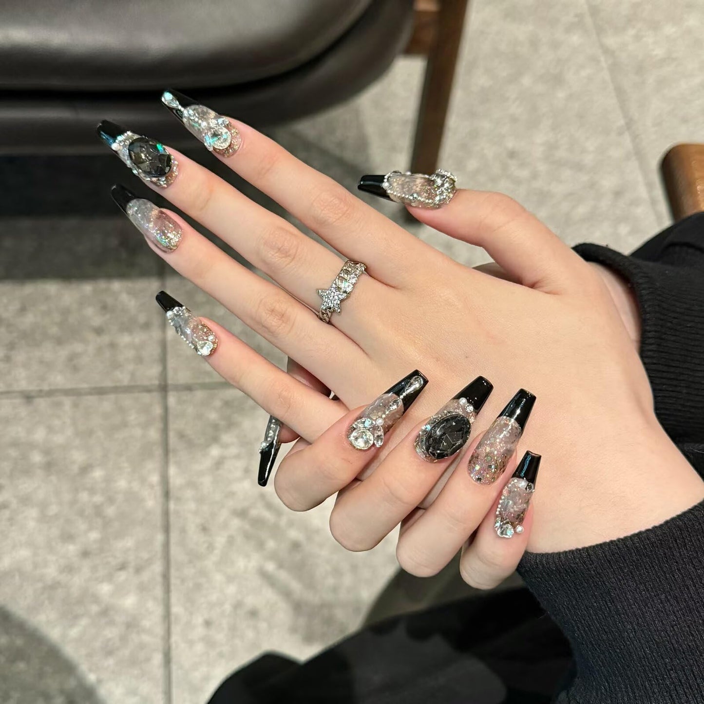 Handmade Press On Nails Long Square Reusable Stick On Fake Nails Luxury Elegant Sexy Style For Women Gift With Nail Glue Black L