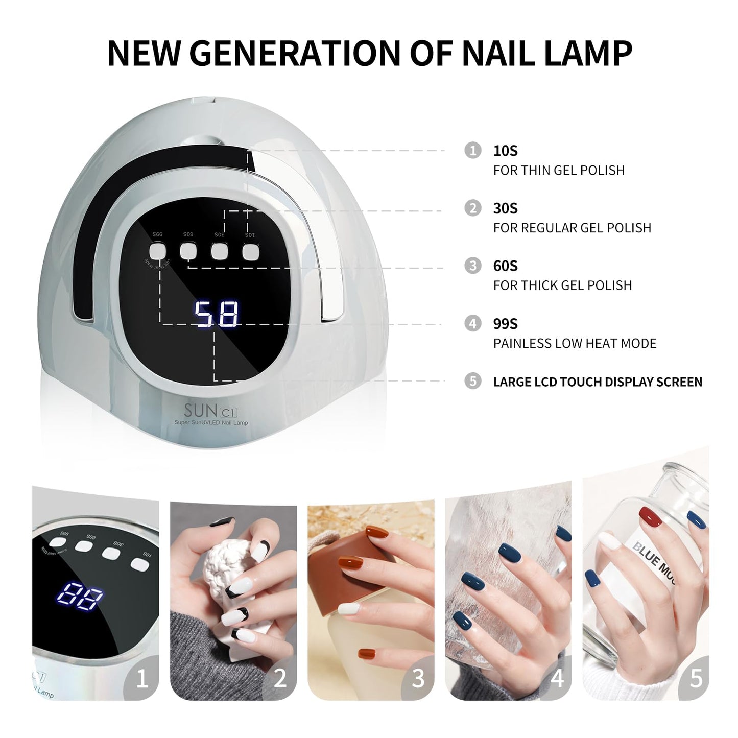 UV Nail Lamp, MIRAGE LAYON 288W UV Light Gel Nail Dryer with 63 Lamp Beads, Auto Sensor and 4 Timers LCD Display, Professional LED UV Lamp for Fingernail and Toenail