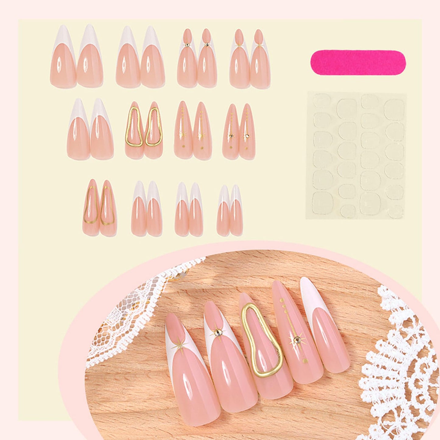 RUOKEXIN Long Stiletto Press on Nails French Tip Fake Nails Pink False Nails with Gold 3D Star Designs Almond Nail Press ons Sparkly Artificial Nails for Women 24Pcs