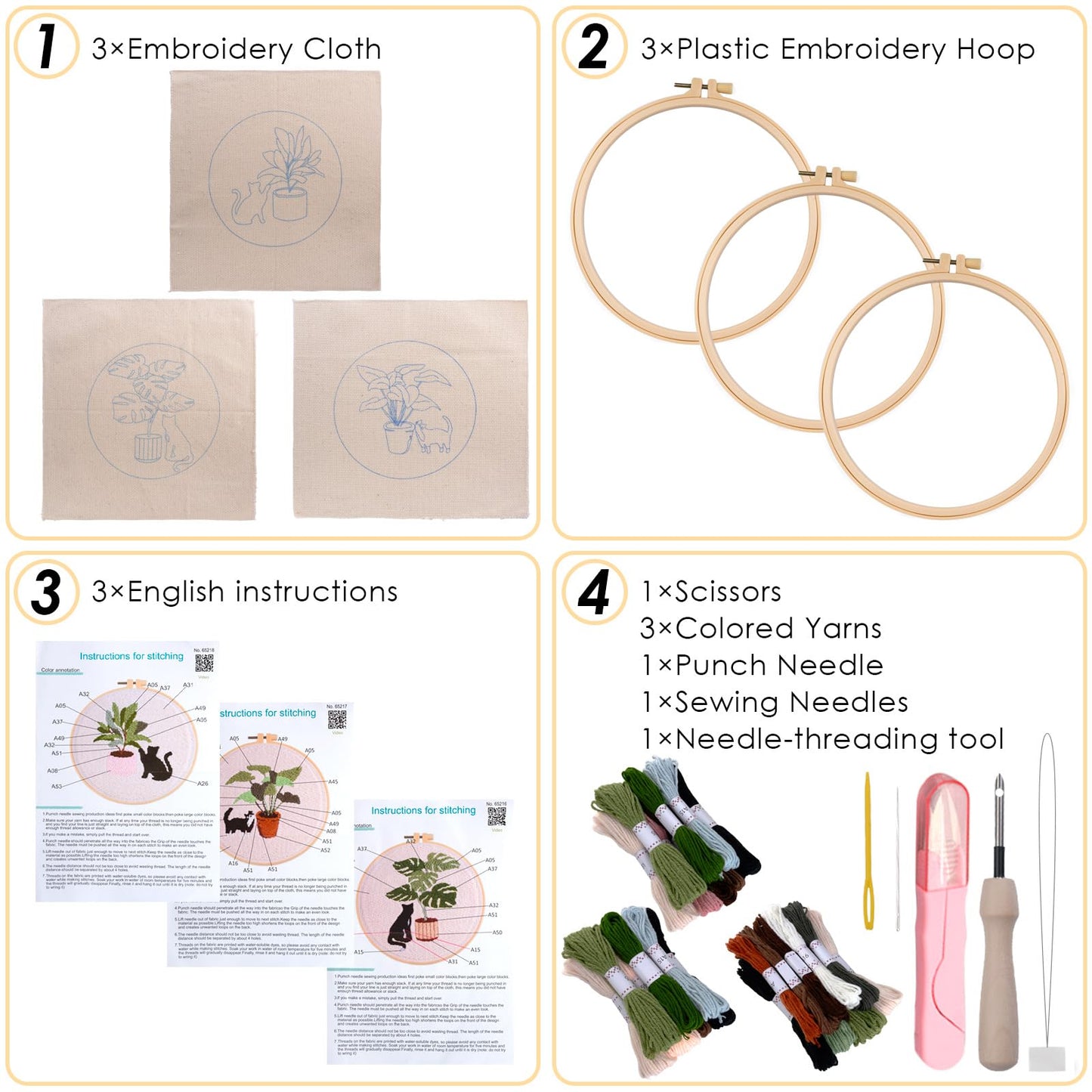 Peotclola Punch Needle Kit for Adults,3 Sets Punch Needle Kits Beginner DIY Embroidery Starter Set with Tools for Home Decoration, Family, Friends Gifts Cats