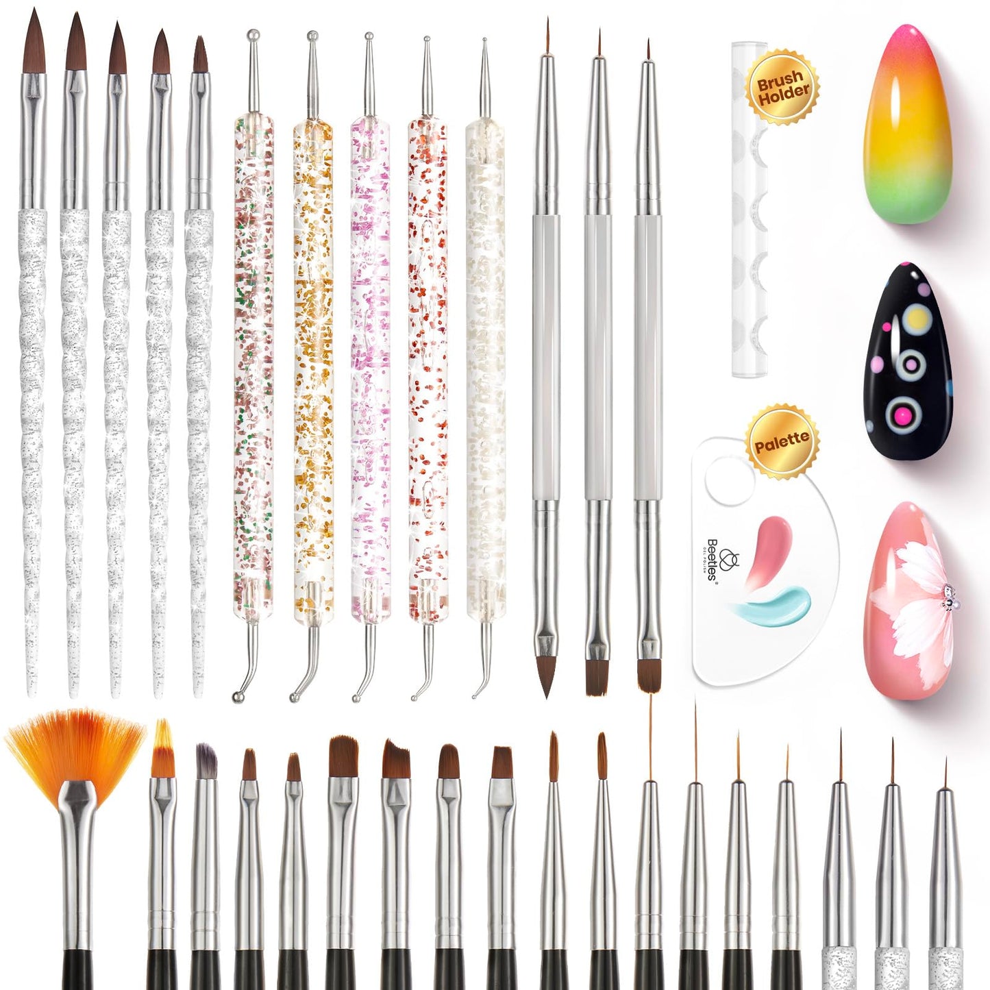 Beetles 31pcs Nail Art Brushes & 5PCS Nail Art Dotting Tools Nail Art Sculpture Pen, Dual-Head Resin Na