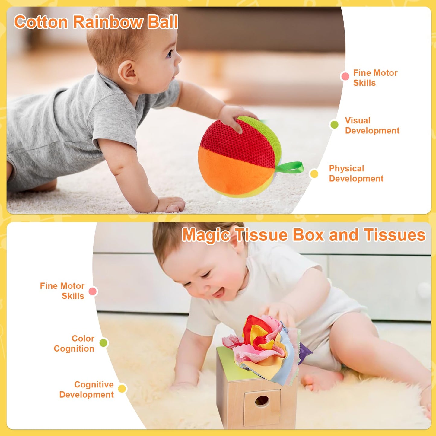 Adena Montessori Play Kit for 0-6 Month Baby,8 in 1 Learning Kit Includ Black&White Card,Rainmake Rattle,Sensory Ball,Tummy Time Wobbler,Tissue Box,Tissue,Rainbow Ball,Rainbow Drum