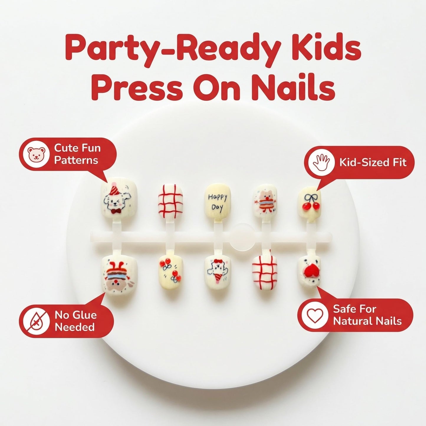 Kids Press On Nails, Happy Day Party Design, Cute Birthday Nails for Girls, Red Cherry Cake Style, 24pcs