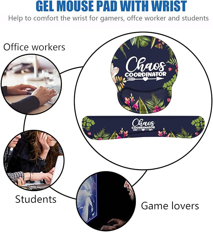 Keyboard Wrist Rest and Mouse Pad Wrist Support Set with Coasters, Chaos Coordinator Quotes Colored Floral Wreath Print Wrist Support Mouse Pad with Non-Slip PU Base for Computer Laptop Home Office