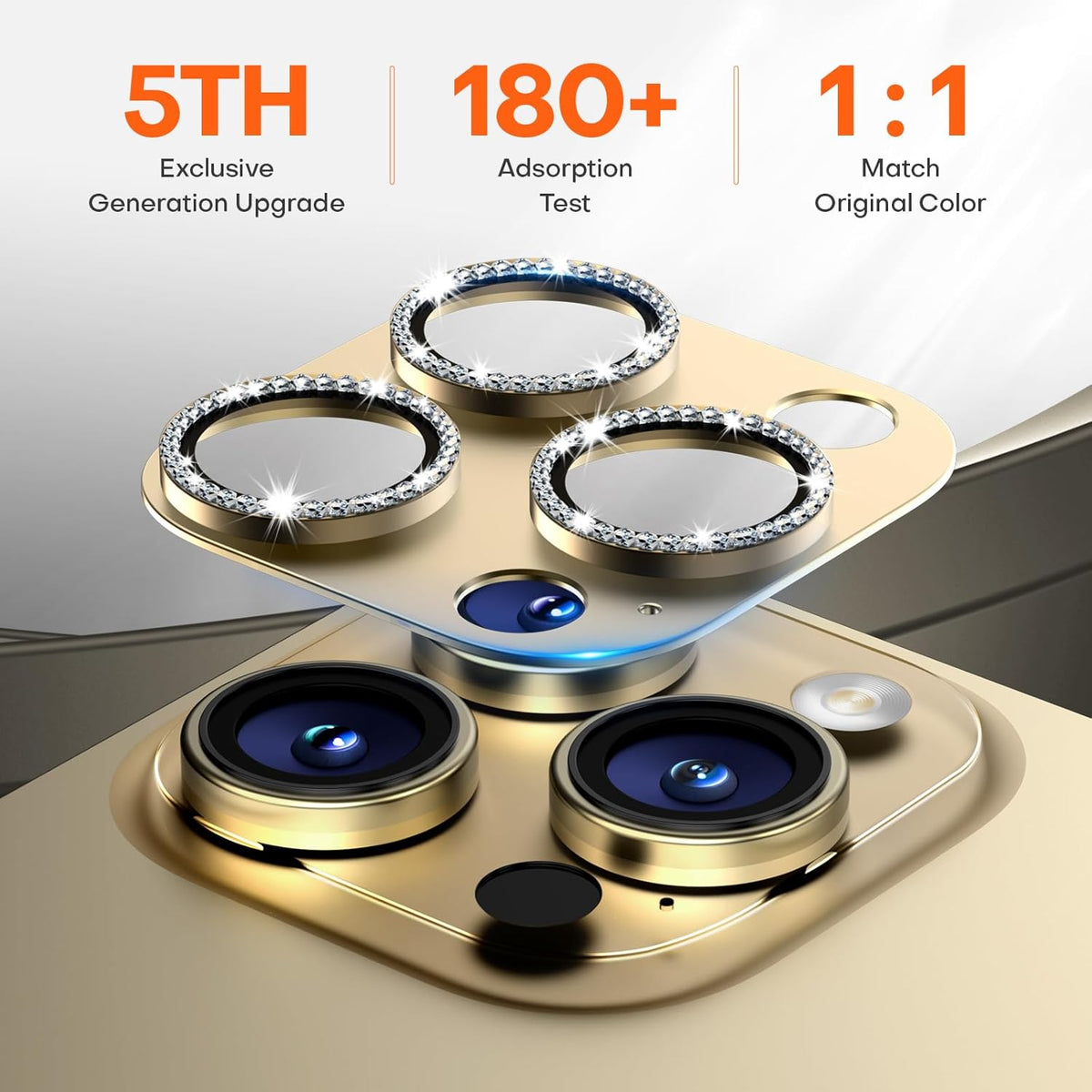 Camera Lens Protector for iPhone 16 Pro Max/16 Pro/iPhone 15 Pro Max/15 Pro/iPhone 14 Pro Max/14 Pro, Aluminum Alloy Sapphire Glass Camera Screen Cover, Case Friendly- Gold Diamond