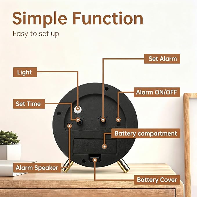 Analog Alarm Clock, Silent Non-Ticking with Night Light, Retro Fashionable Round Metal Alarm Clock for Office, Battery Operated, Bedroom, Elderly, Adults, Men Gifts Back to School,Wood-like Color