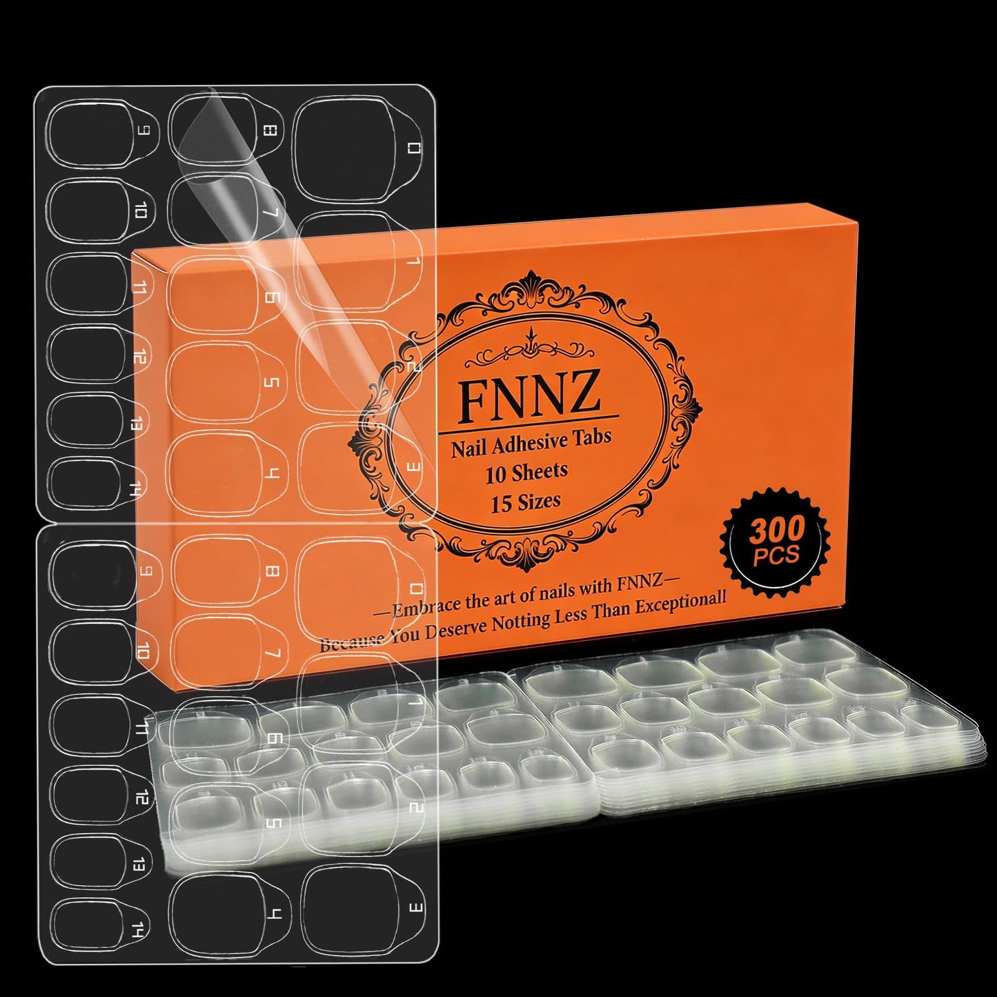 FNNZ 300 Pcs (10 Sheets) Nail Adhesive Tabs, Ultra Thin Double-Sided Nail Sticky Tabs for Press on, 15 Sizes Jelly Nail Glue Stickers Waterproof Press on Nail Sticky Tabs for Manicure Nail Accessories