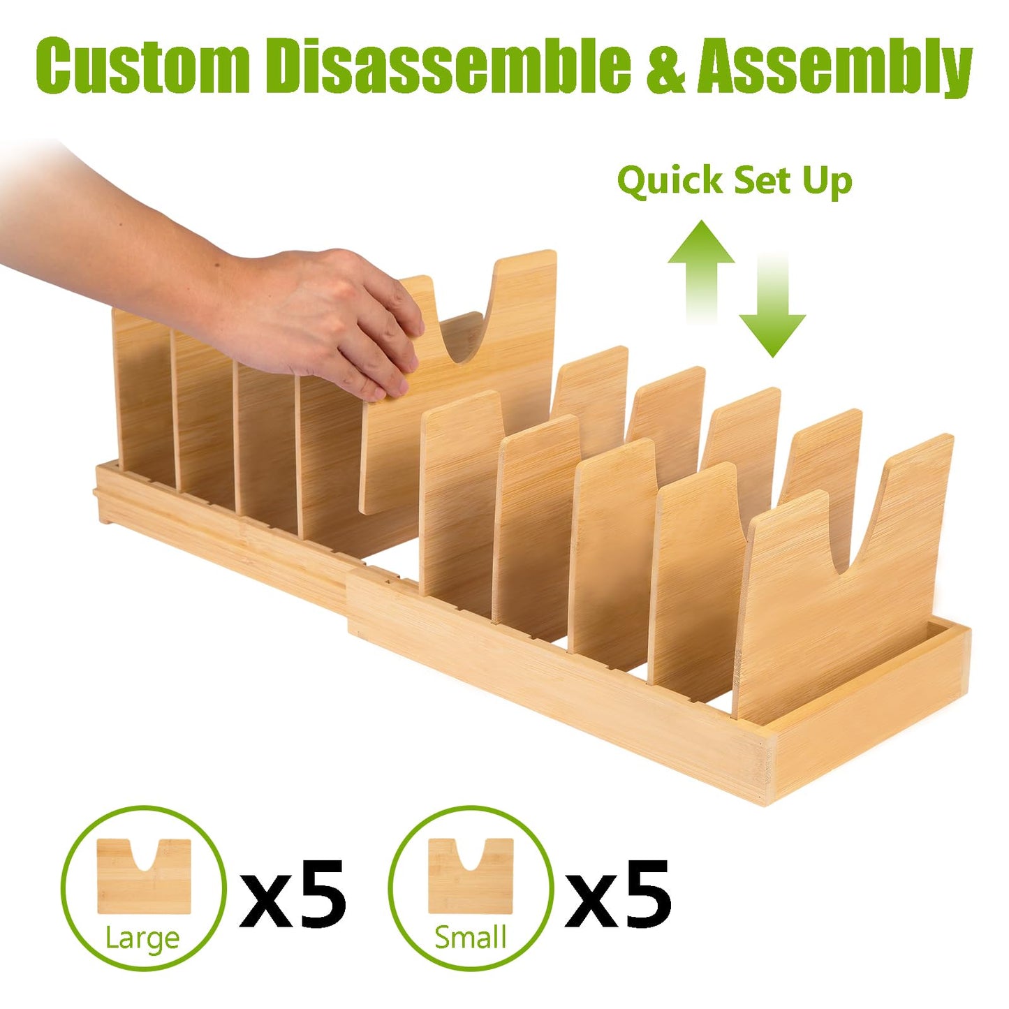 VKDDM Pots and Pans Organizer for Under Cabinet - Expandable Bamboo Pot Lid Organizer, Pan Organizers inside Cabinet, Drawer Pot Lid Holder Rack for Kitchen Organization and Storage