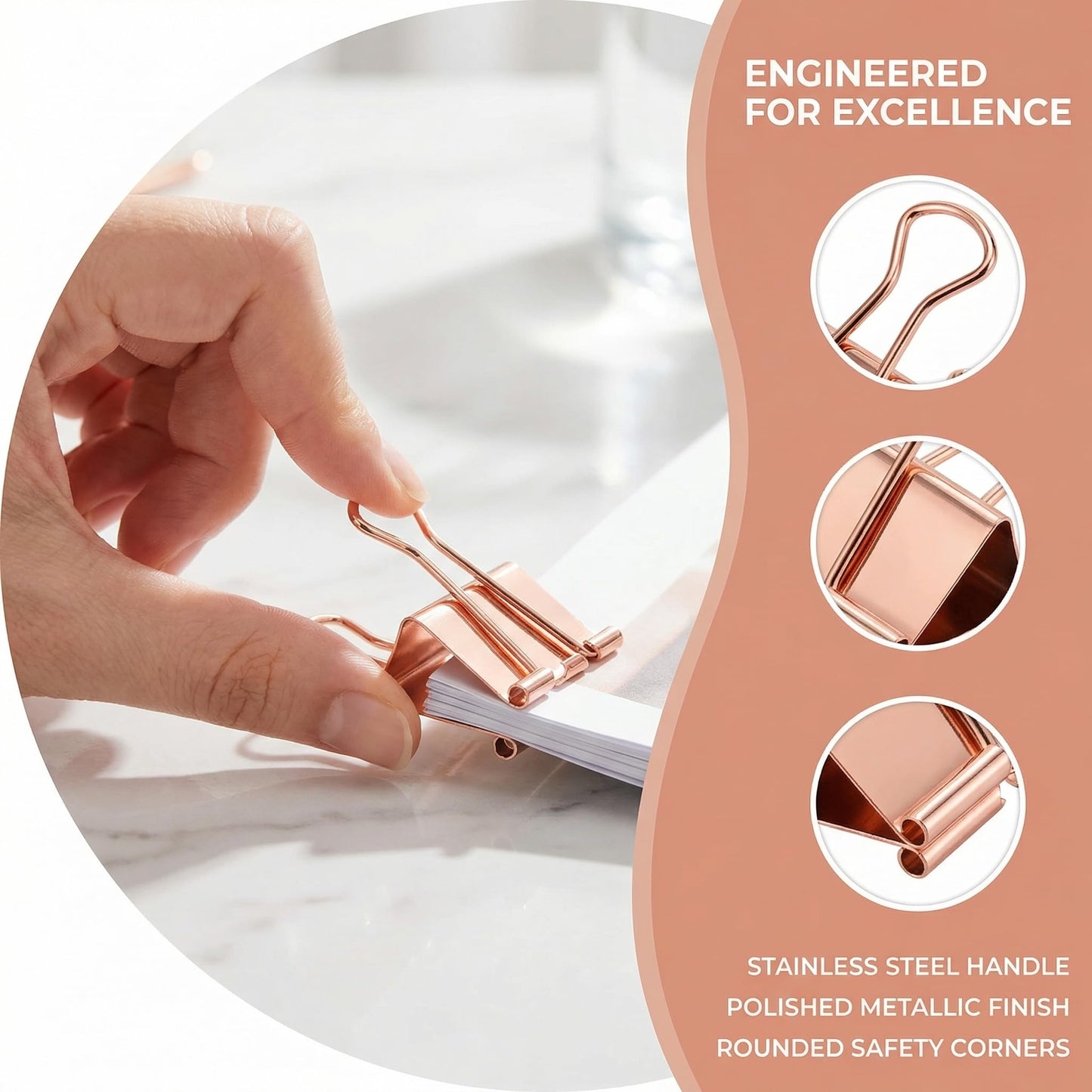 ZYFOFFICE Gold Binder Clips, Assorted Sizes, Solid Metal with Stainless Steel Handle, 100 Pack for Office School Supplies (Rose Gold)