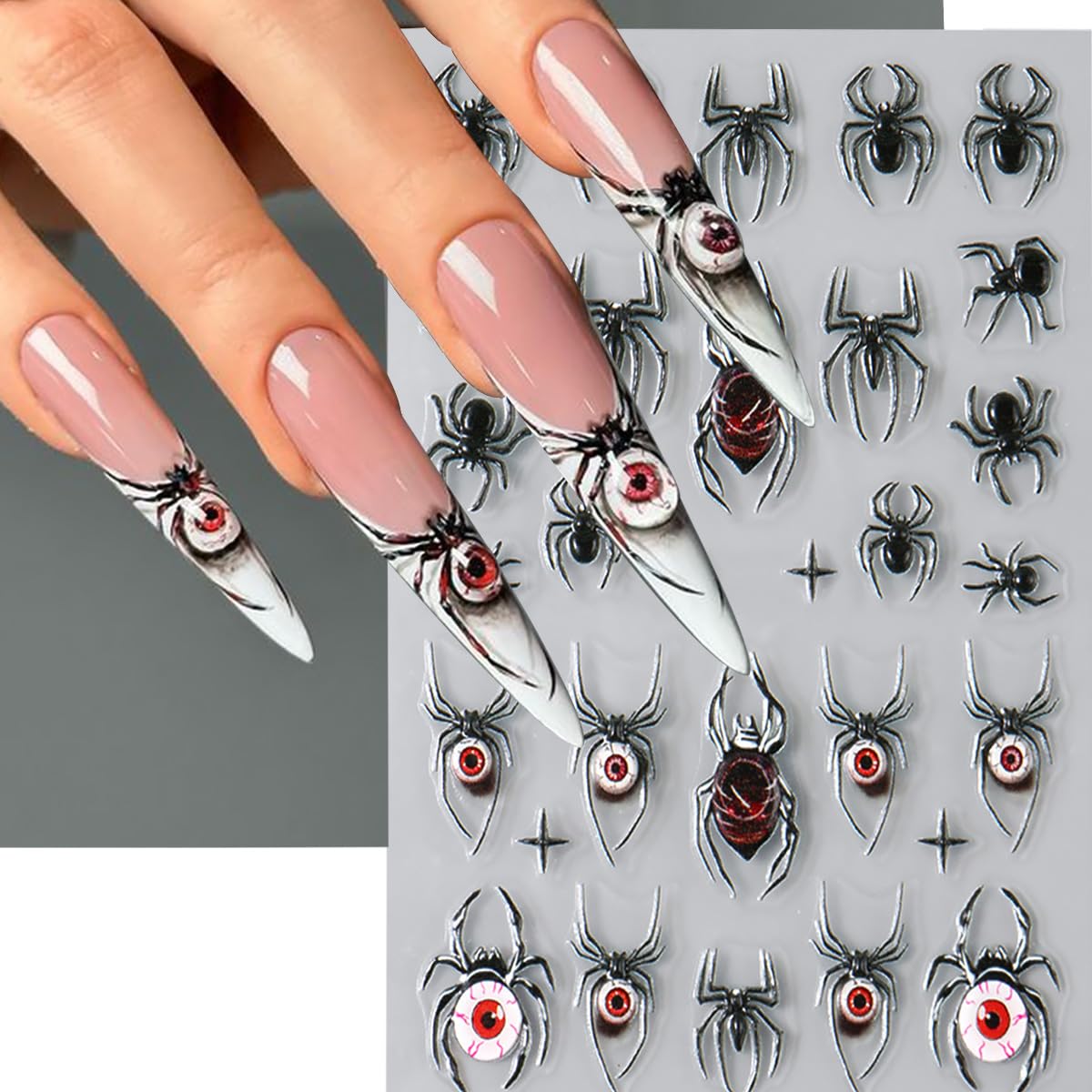 4 Sheets Halloween 5D Embossed Spider Nail Stickers for Nail Art Exquisite Glitter Rhinestones Nail Design Stickers Self-Adhesive Evil Eye Nail Decals Holiday Nail Art Decoration for Women DIY Set