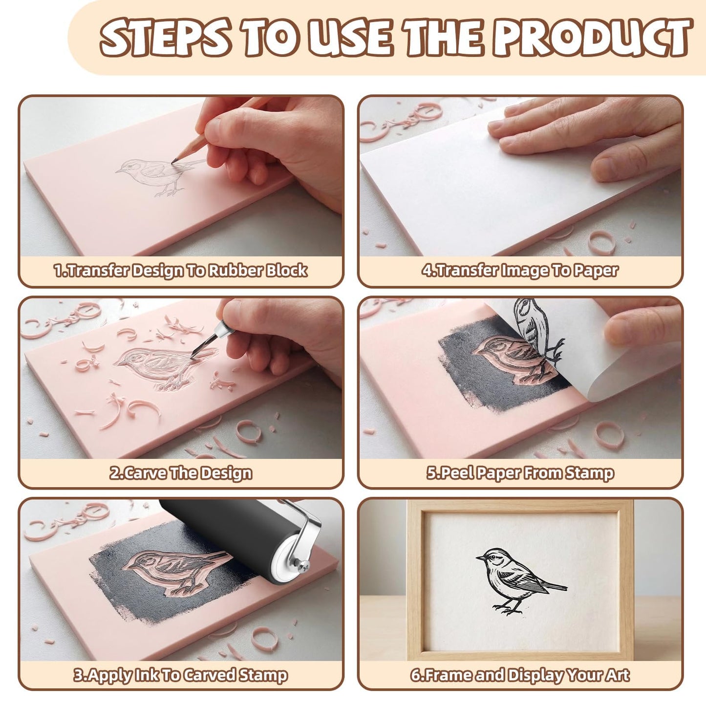 Oopsu Linocut Printmaking Kit - 6 PCS 4"x6" Soft Rubber Linoleum Blocks, Brayer & Carving Tools | Block Printing & Stamp Making Supplies for Beginners, Hobbyists & Artists