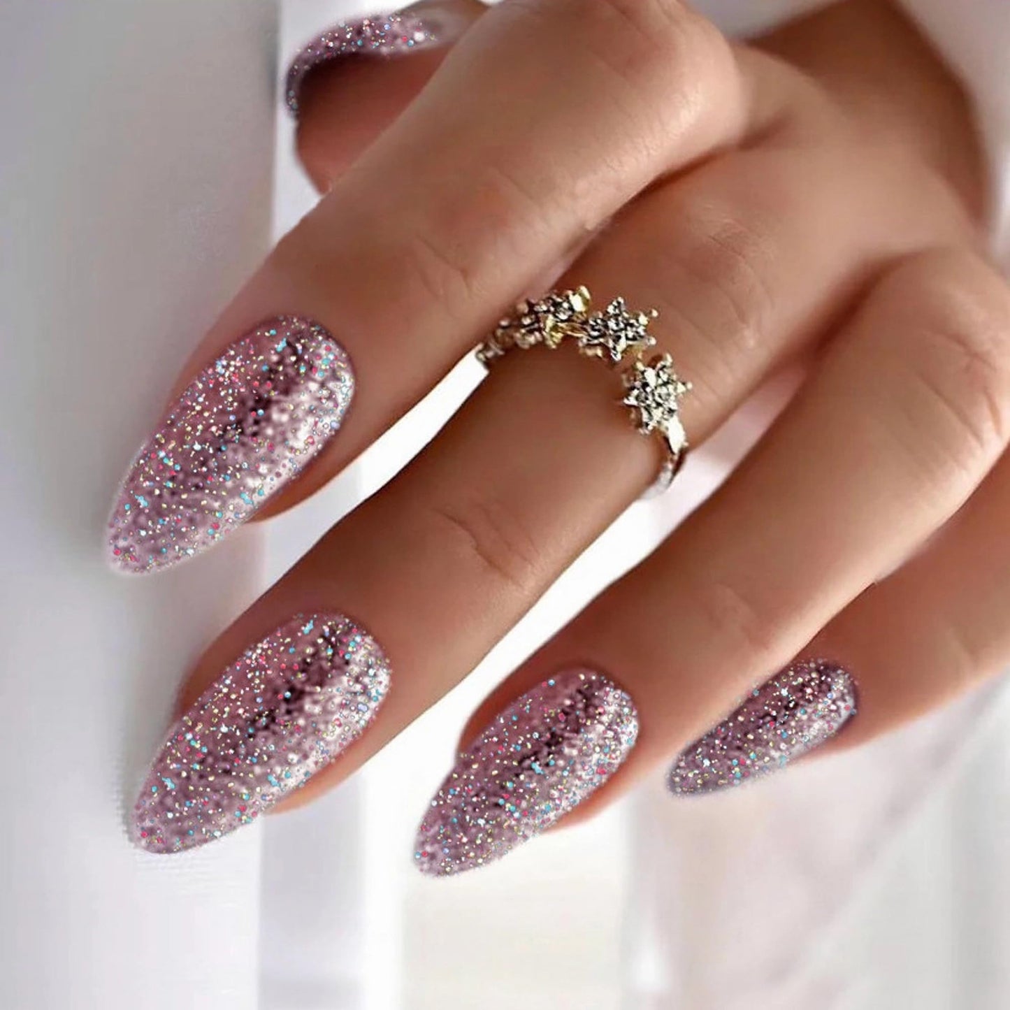 IMRAIN Glitter Press on Nails Medium Almond Pink Fake Nails Glossy Glue on Acrylic Nails Full Cover Sparkling Artificial False Nails for Women Girls 24Pcs
