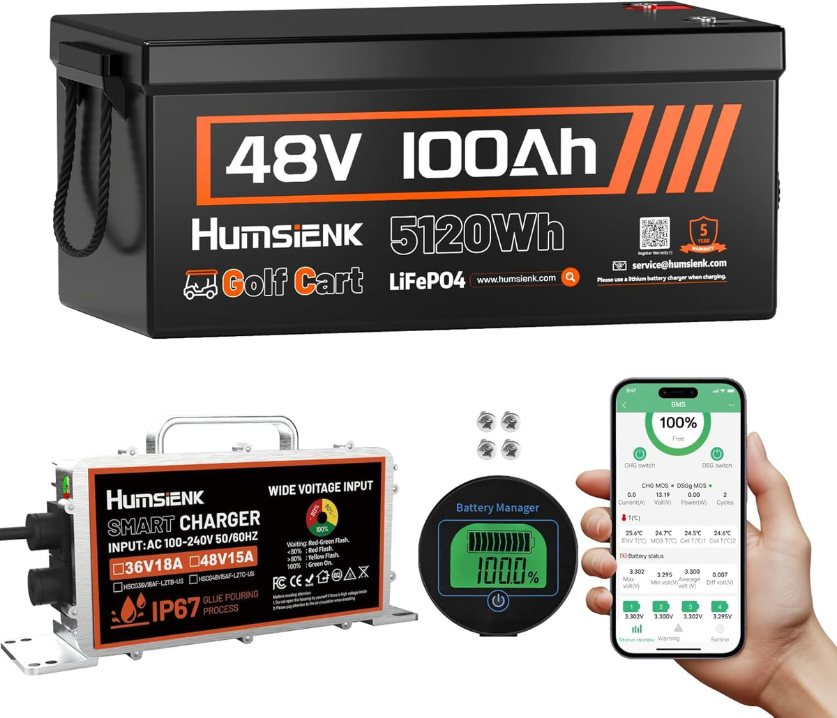 48V 100Ah LiFePO4 Golf Cart Lithium Battery Bluetooth with 48V 15A Charger, 5120Wh Golf Cart Deep Cycle Battery, Built-in 200A BMS