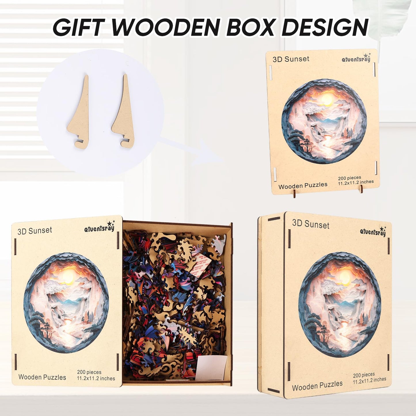 Qiuenisray 3D Vision Effect Sunset Wooden Puzzle 500 Piece, Mountains Rivers Bright Jigsaw Puzzle, FSC Certified Wood Puzzle, Beautiful Wall Decor, Creative Gift Family Game 16.5x16.5 in