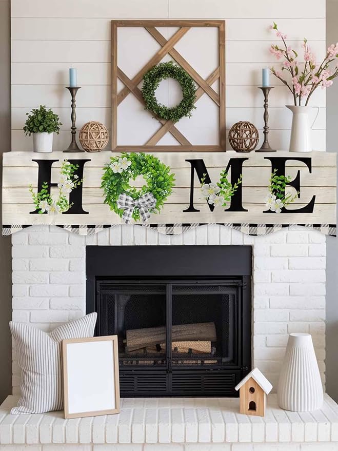 Rustic Home Fireplace Mantel Scarf Table Runner,Eucalyptus Leaves Floral Wooden Buffalo Plaid Winter Garland Mantel Top Tablerunners Dresser Scarves Cover for Windows Party Living Room 90"x17"