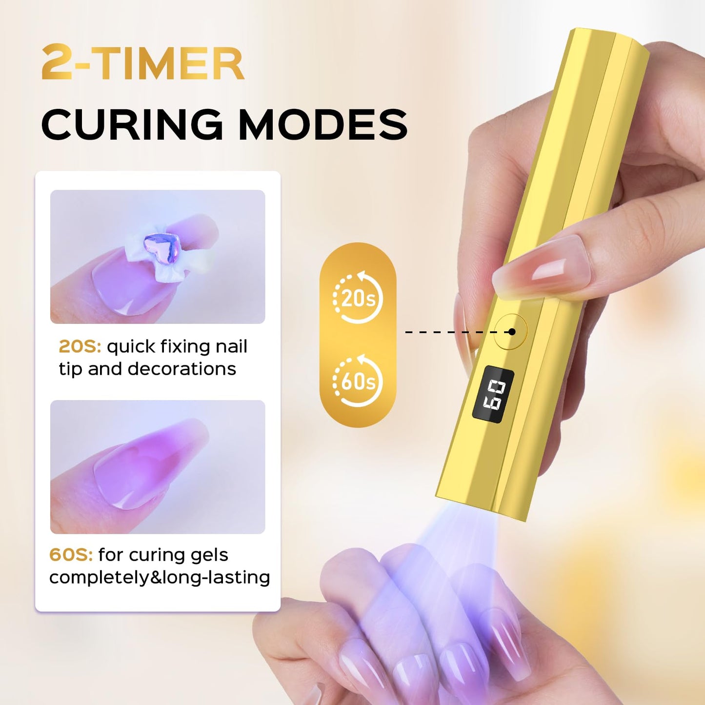 Hoonyn Handheld UV Nail Lamp, 5W Sparkly UV Light for Gel Nails, Portable LED Nail Lamp, Mini Nail Dryer with LCD Screen, USB Nail Light for Fast Curing (Gold)