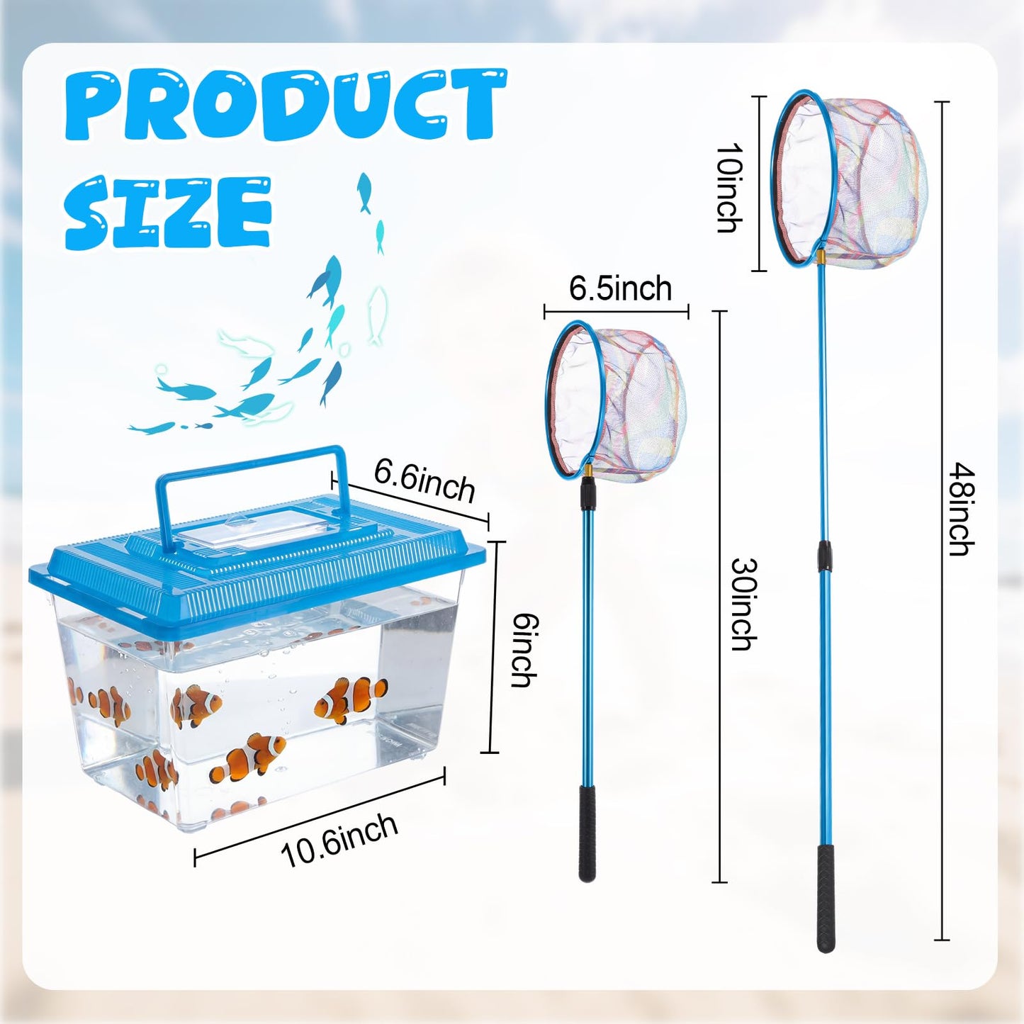 Ferrochef 2-in-1 Set Telescopic Fishing Net and Beach Fish Tank, 30" to 48" Extendable Lightweight Aluminum Pole with Non-Slip Handle for Catching Observing Release, Outdoor Exploration Kit