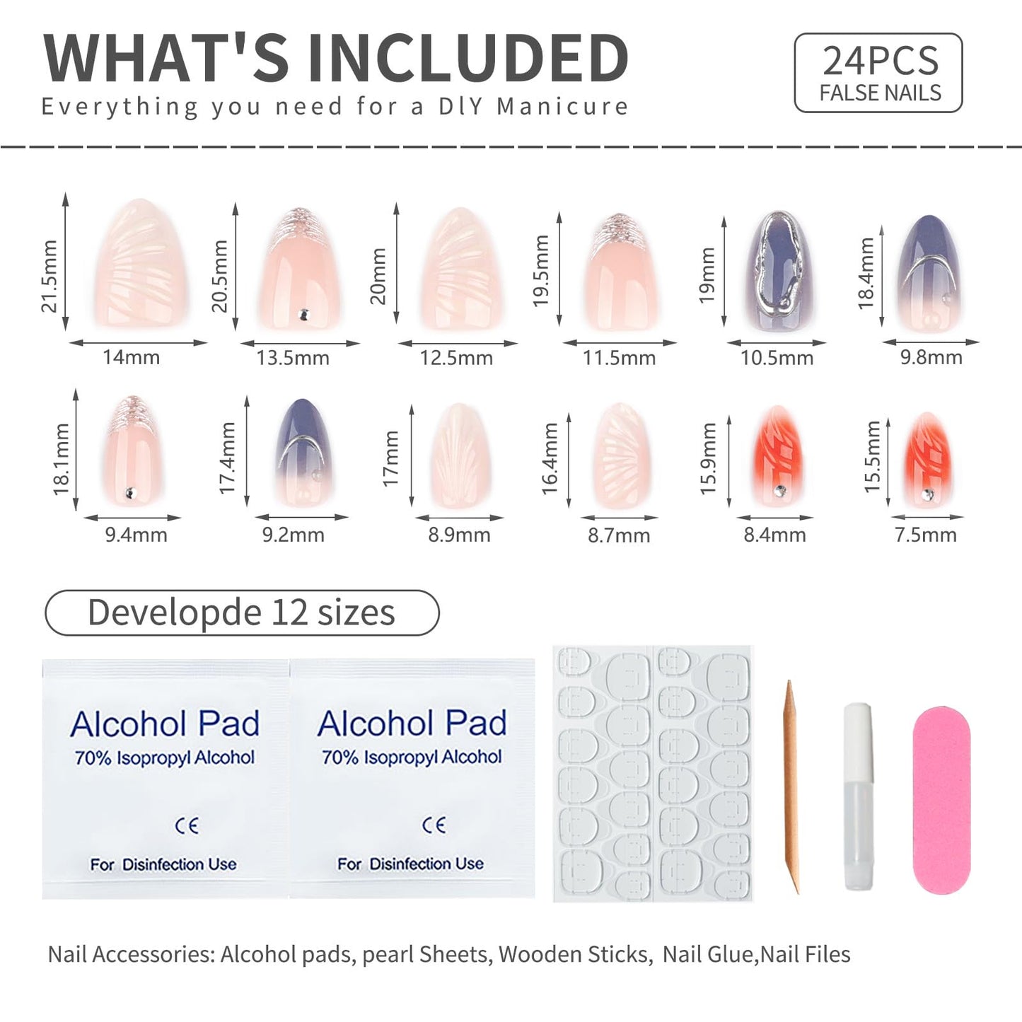 Mivota 3D Nude Almond Press on Nail Short Fake Nails with Silver French Tip False Nails, 3D Silver Lines Design Artificial Acrylic Nail Press ons Reusable Almond Nail Glue on Nails for Women