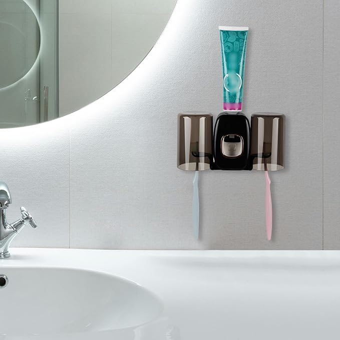 4 Slots Wall Mount Toothbrush Holder with Cover, Self Adhesive Toothbrush Storage Organizer for Shower, Toothbrush Hanger with 2 mouthwash Cups for Bathroom, Medicine Cabinet, Dorm (Black)