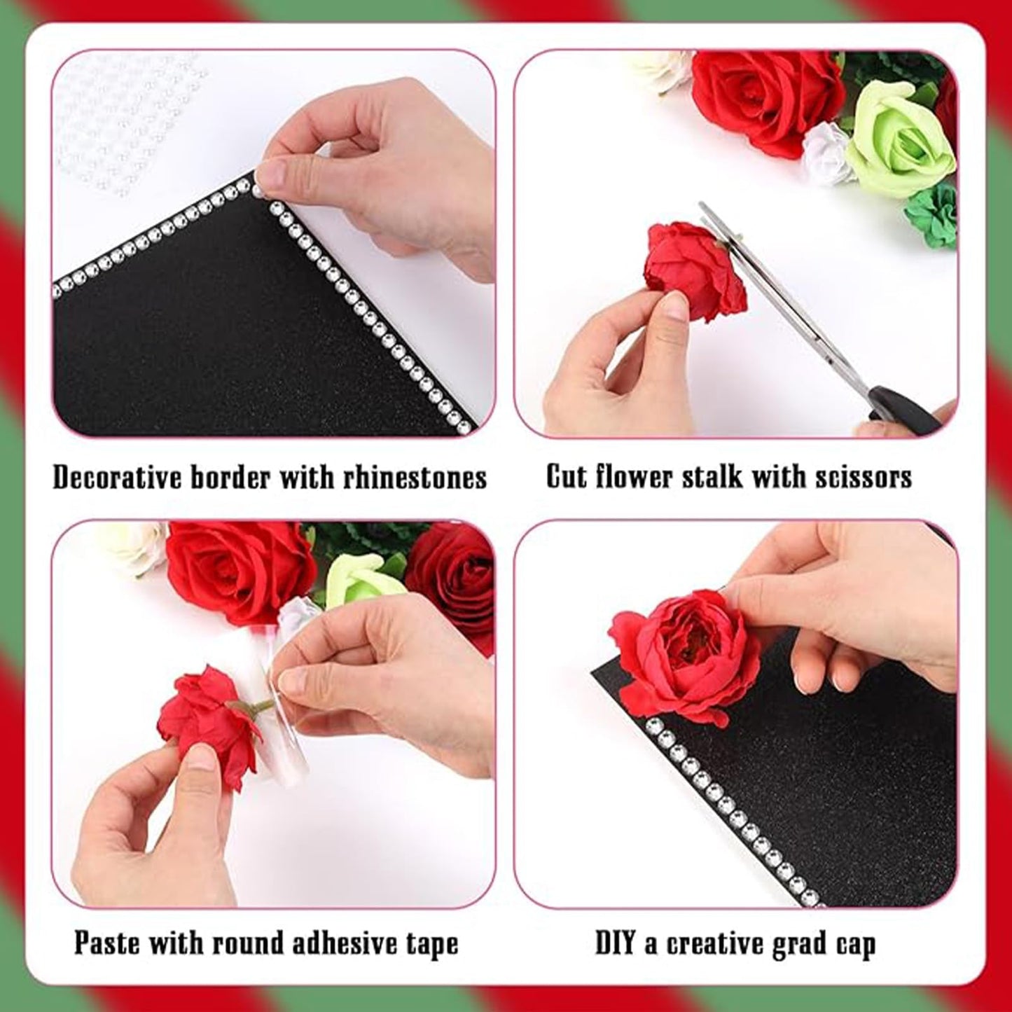 Jollyboom Graduation Cap Decorations Kit Red Green, 2026 Graduation Cap Decorations Mexican Cap Topper DIY Craft Flowers Butterfly Stickers Red Bow Trim Gold 2026 Pendant for Graduation Cap DIY