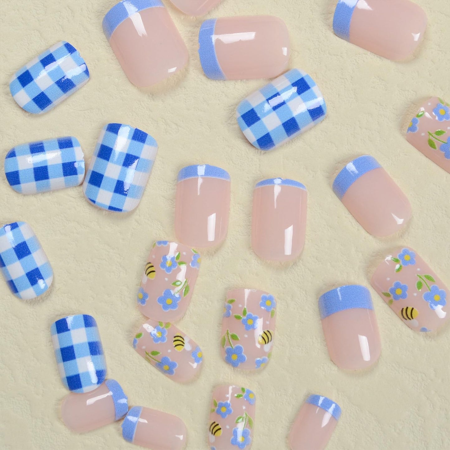 French Tip Press on Nails Short Square Fake Nails with Floral Blue White Checkered Designs Nails Press ons Cute Glue on Nails Glossy False Nails Spring Summer Stick on Nails for Women 24Pcs