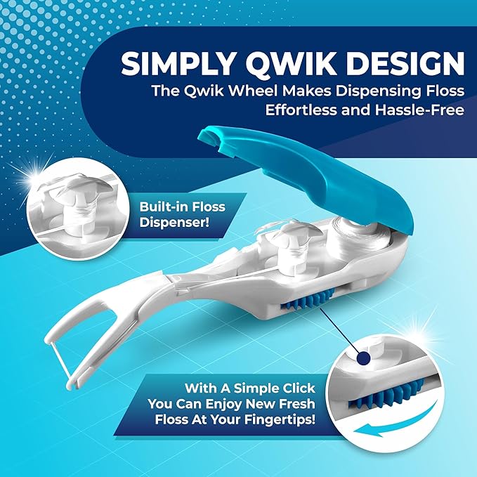 QWIK Automatic Dental Flosser | Click-to-Use, Reusable & Refillable | Pre-Loaded Floss with Travel Cover | Easy Flossing for Plaque Removal, Clean Teeth & Fresh Breath (Pink)