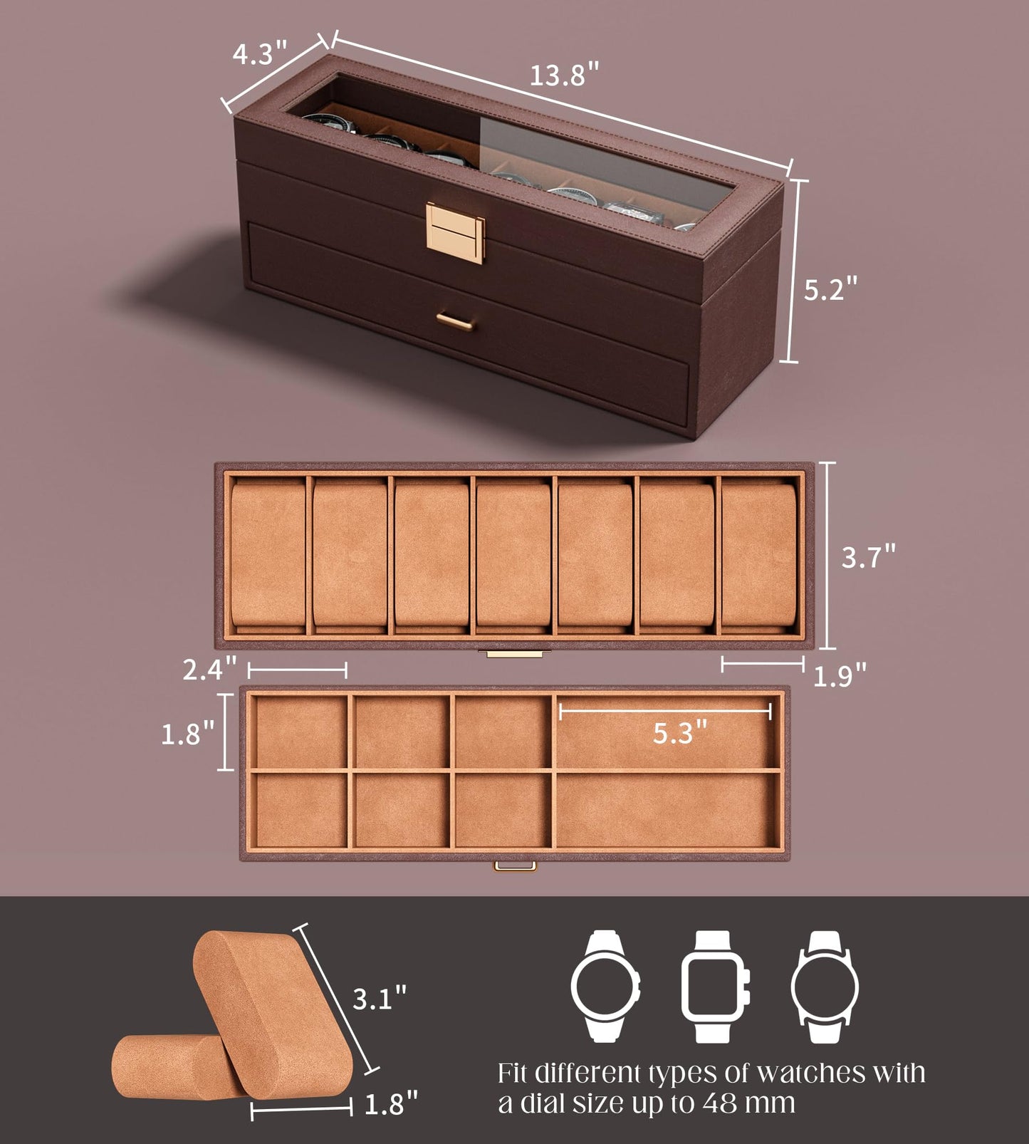 sensok Watch Case Box for Men - 7 SLots Watches Storage Organizer Real-Glass Display Case with Jewelry Drawer 2-Layer PU Leather Collection Holder Gift for Loved Ones Brown