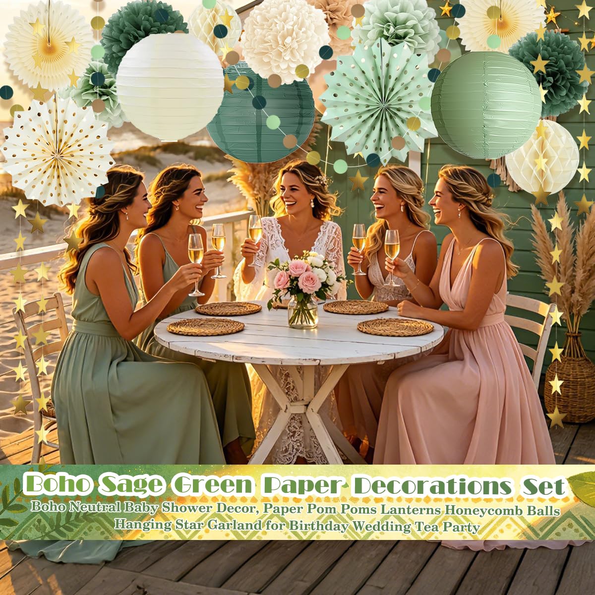 Boho Paper Decorations Set, Sage Green Party Decorations Set, Boho Neutral Baby Shower Decor, Paper Pom Poms Lanterns Honeycomb Balls Hanging Star Garland for Birthday Baby Shower Wedding Tea Party