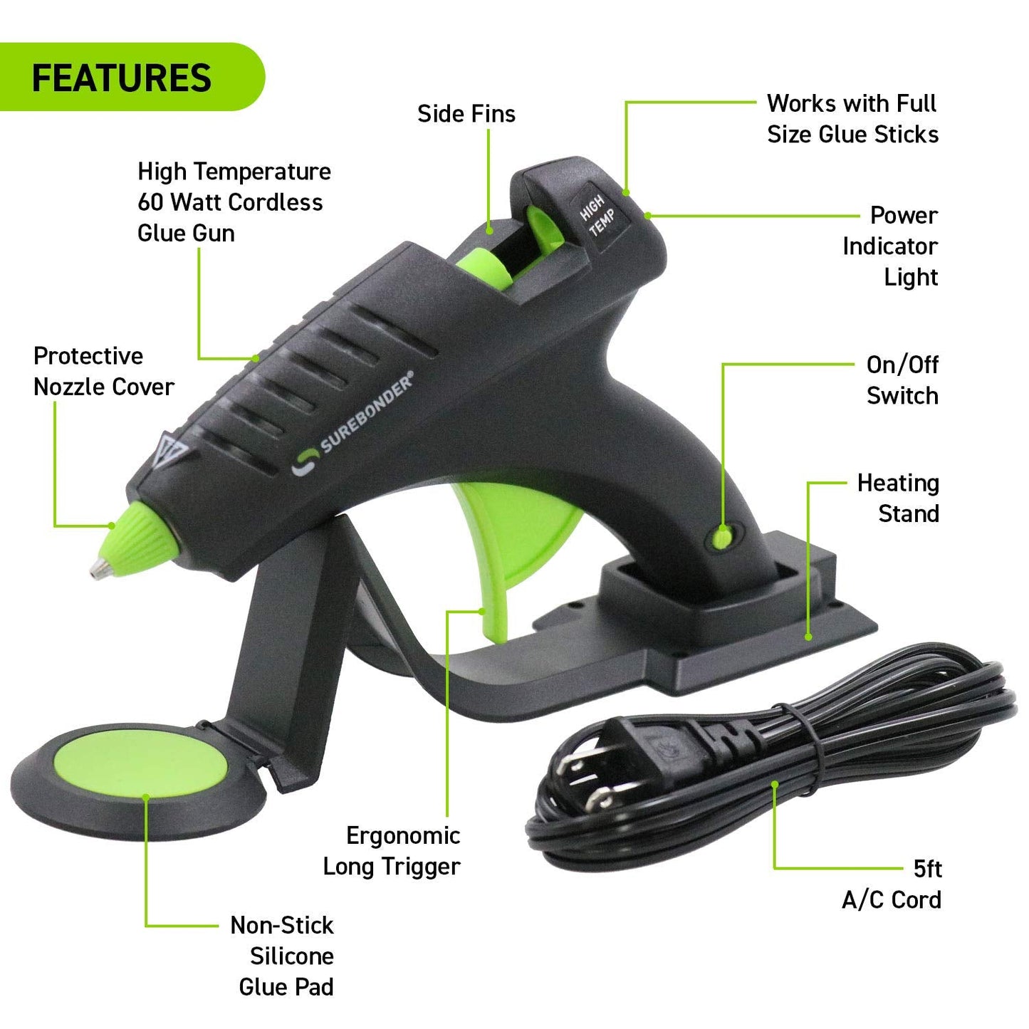 Surebonder Cordless Hot Glue Gun, High Temperature, Full Size, 60W, 50% More Power - Sturdily Bonds Metal, Wood, Ceramics, Leather & Other Strong Materials (Specialty Series CL-800F)