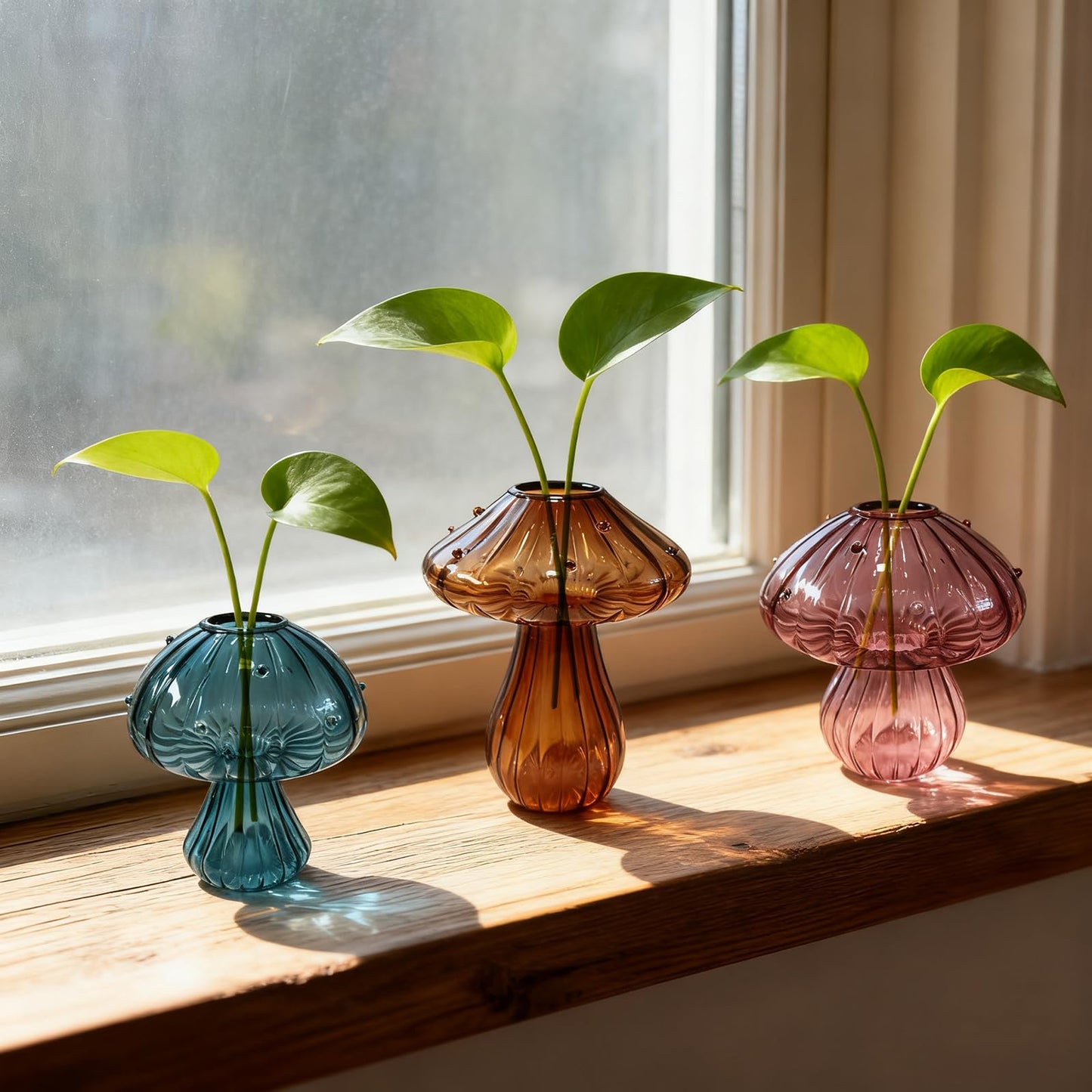 NOLIPED Glass Mushroom Propagation Planter - Set of 3 Cute Plant Propagation Stations for Indoor Plants, Unique Small Hydroponic Vase Jars Mini Terrariums for Window Living Room Bathroom Shelf Decor