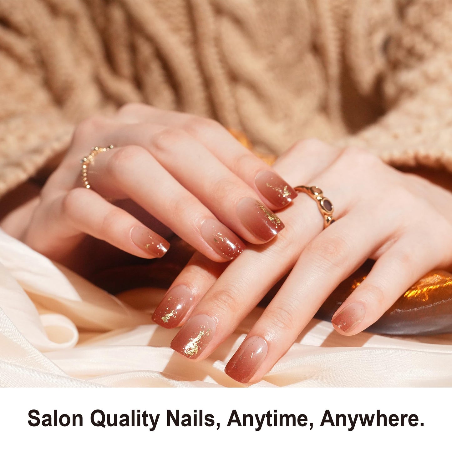 DANNI & TONI Semi Cured Gel Nail Strips Reddish Brown Gradient Gold Foil Gel Nail Wraps 28 Stickers | Golden Ember