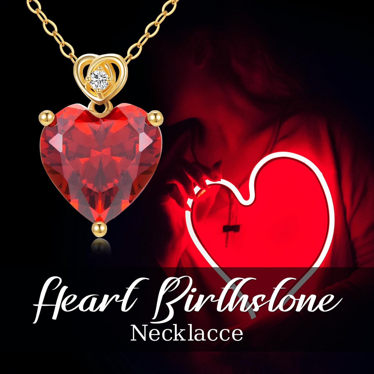 NFYBD 14k Gold Love Heart Garnet Birthstone Pendant Necklace for Women 3 Carat Heart-cut Created Gemstone Anniversary Birthday Mother's Day Necklaces for Her 16+1+1 inch-Jan