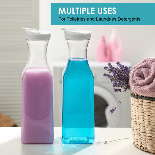 Plastic 50 Oz Water Carafe with Flip Top Lid, Set of 6 Square Base Clear Plastic Juice Container Pitcher - for Water, Iced Tea, Juice, Beverage, Lemonade, Milk and Mimosa Bar - HAND WASH ONLY