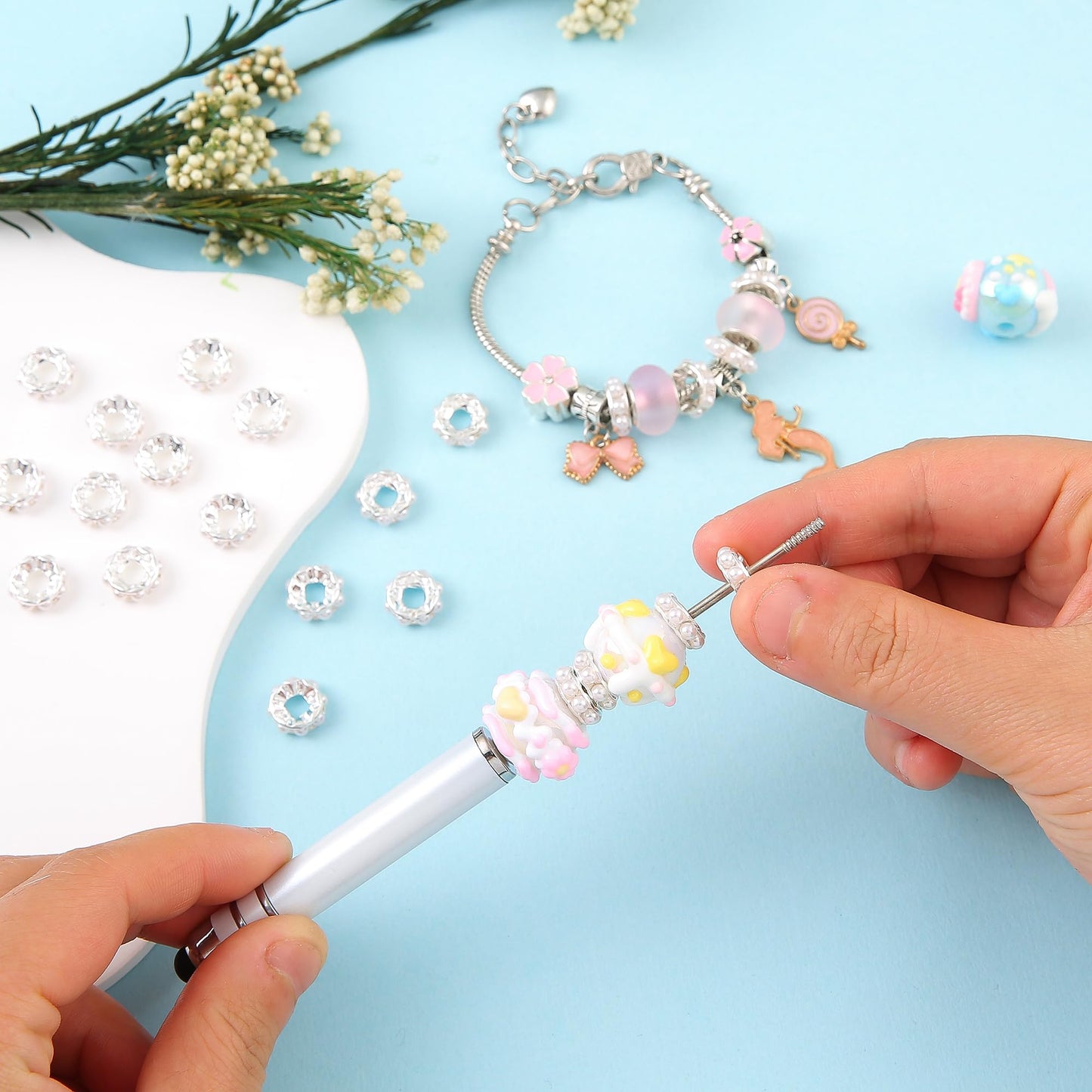 Upnedo 200PCS Large Hole Imitation White Pearl Spacer Beads 12mm Silver Plated Rondelle Spacers Faux Pearl Beads for Bracelets Beadable Pen Making DIY Jewelry