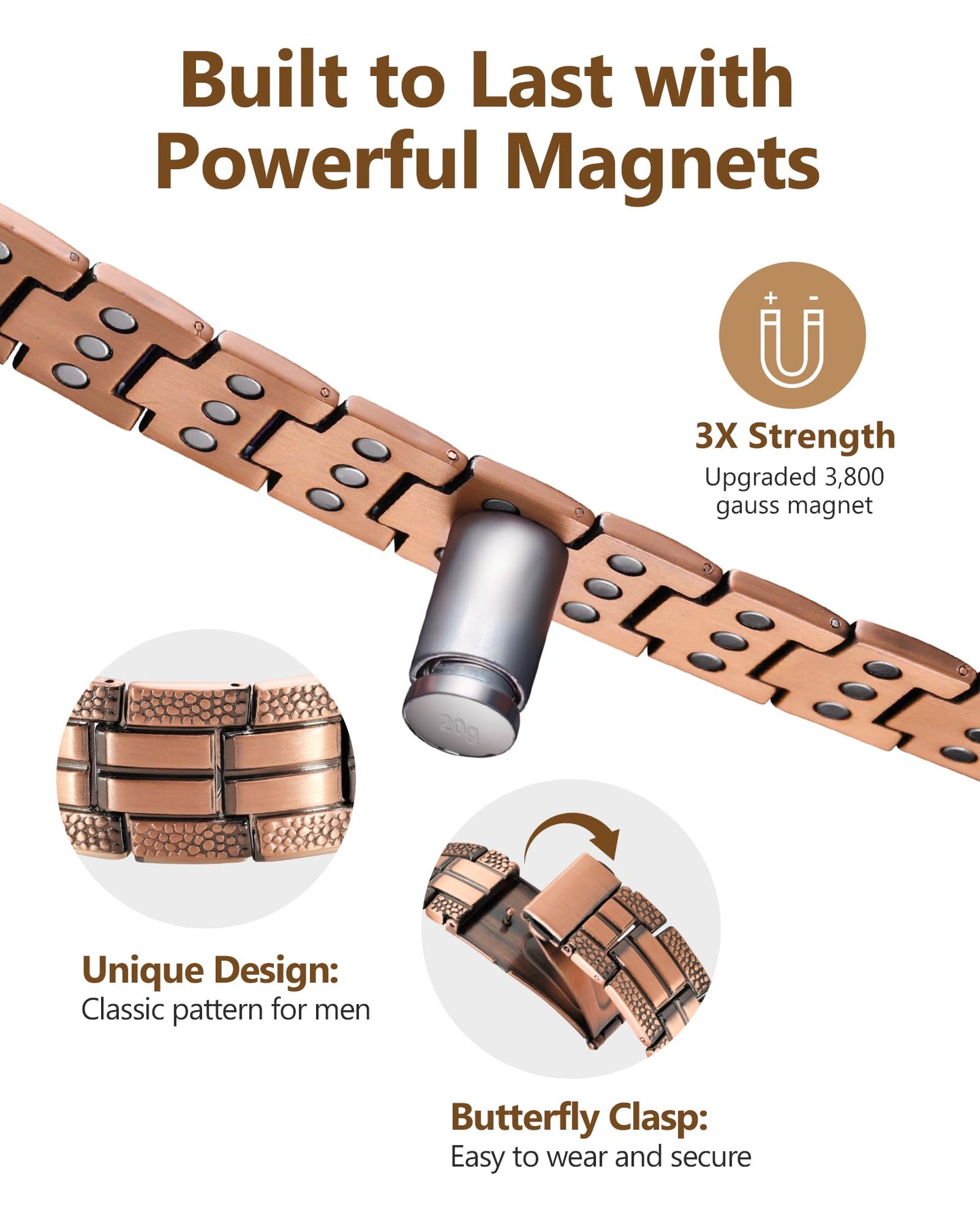 Feraco Copper Bracelet for Men 3X Strength,Magnetic Therapy Bracelet Copper Jewelry with Powerful 3800 Gauss Magnets,Premium Fold-Over Clasp