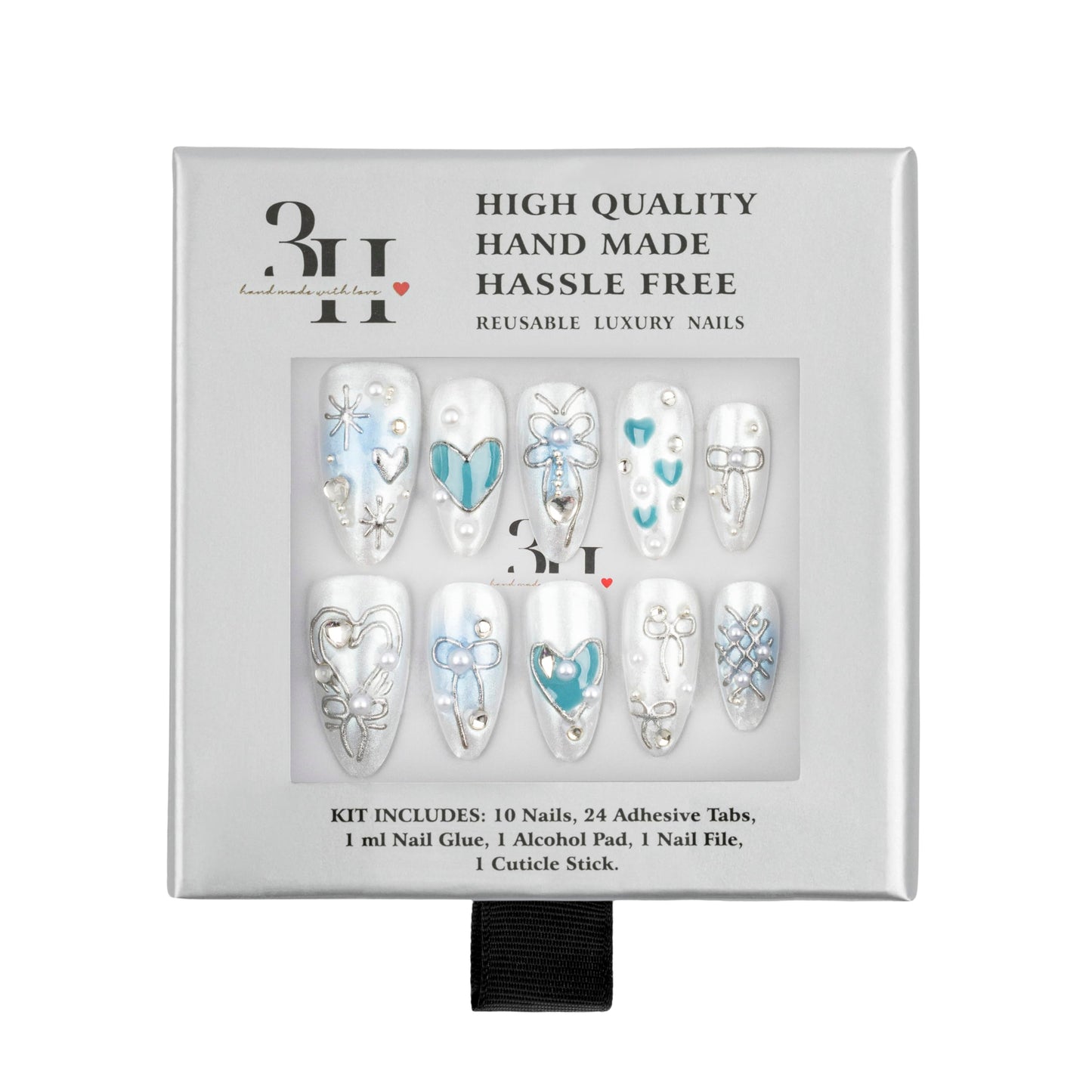 3H Luxury Handmade Press-On Nails Chrome Angel (White Silver, Medium), Reusable False Nails with Whimsical Accent, Gleaming Silver Chrome Finish