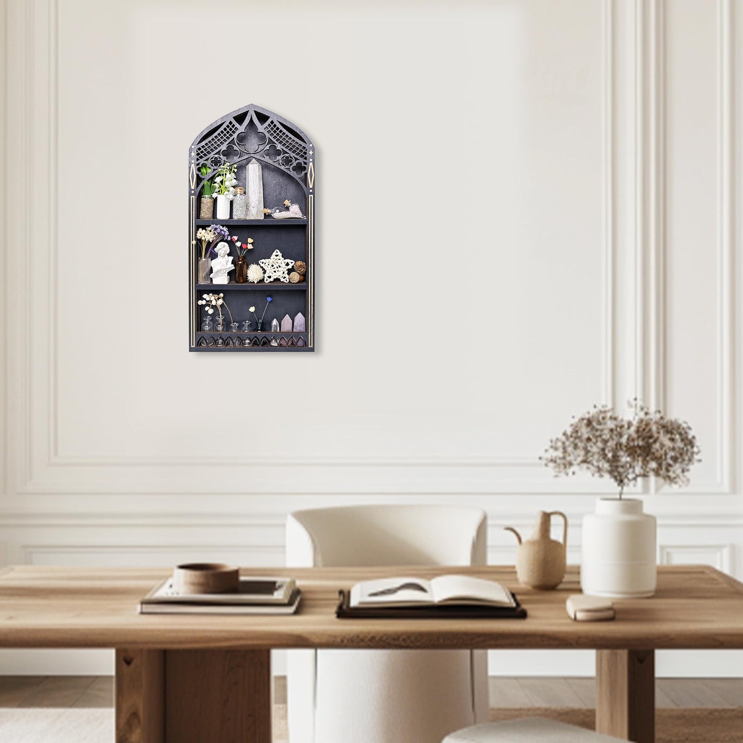 Gothic Window Crystal Shelf Display for Wall, Wooden Gem Stone Rock Storage Holder Trinkets Organizer, Wall Mount Stand Case Box for Witch Wiccan Decor, Spiritual Gift for Home Bedroom Living Room