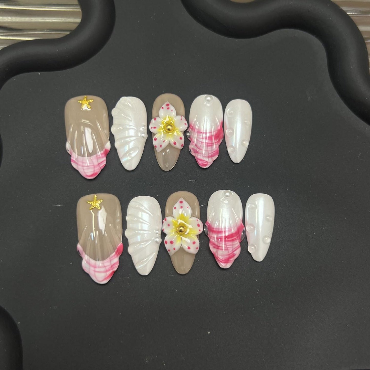 Thick Press on Nails Luxury Handmade Medium Almond False Nails with Glue,White Glitter Fake Nails Tropical Flower Art Design Reusable Press ons Nail Muti-Layer Gel Acrylic Nails for Women(Size S)