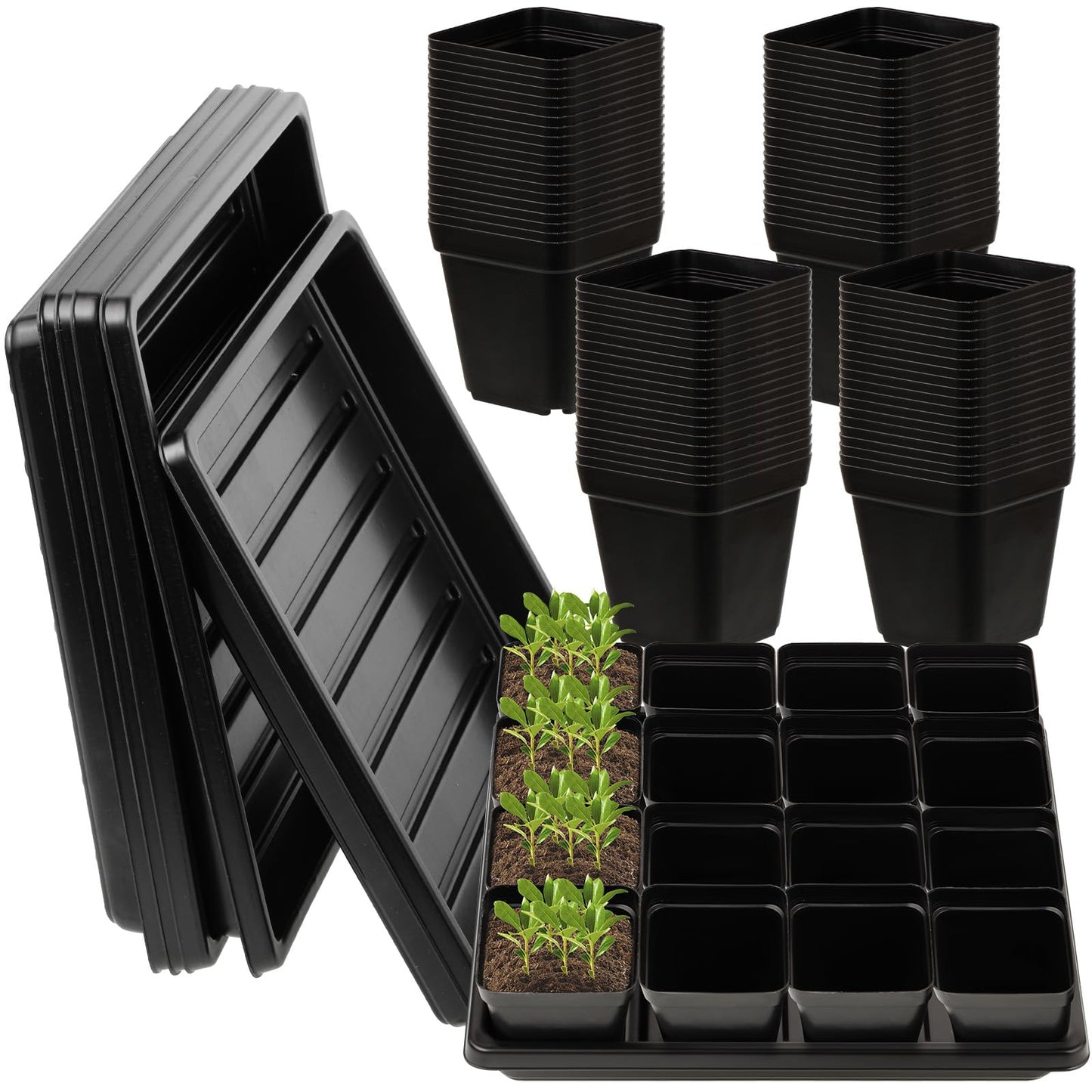 CIEOVO 2.4 inch 80 Pcs Square Nursery Pots with Drain Holes and 5 Pcs Plastic Plant Growing Trays, Seed Starter Kit Propagation Tray Seed Starting Pots for Seedling Plant Growing