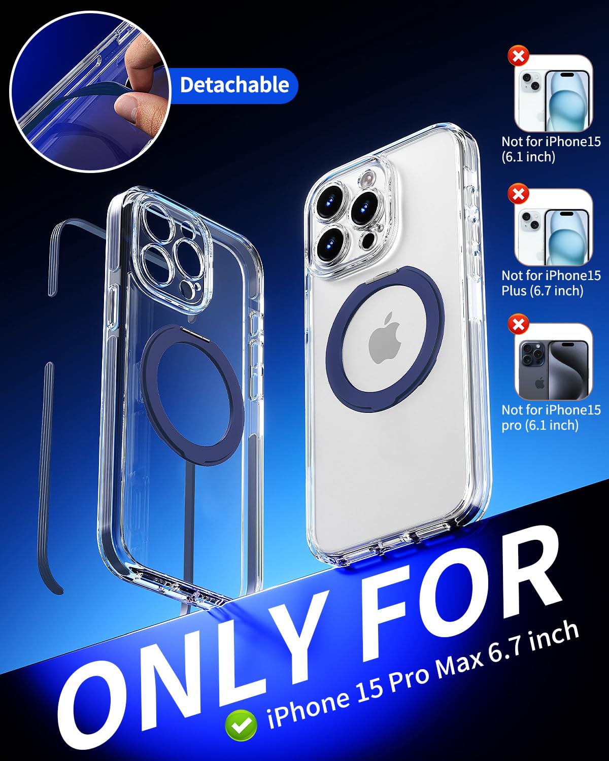 DecaStars Magnetic for iPhone 15 Pro Max Case with 360 Spin Stand [Compatible with MagSafe] [Military-Grade Protection] [Detachable Strip] Anti-Yellowing Slim Case for iPhone 15 Pro Max 6.7", Blue