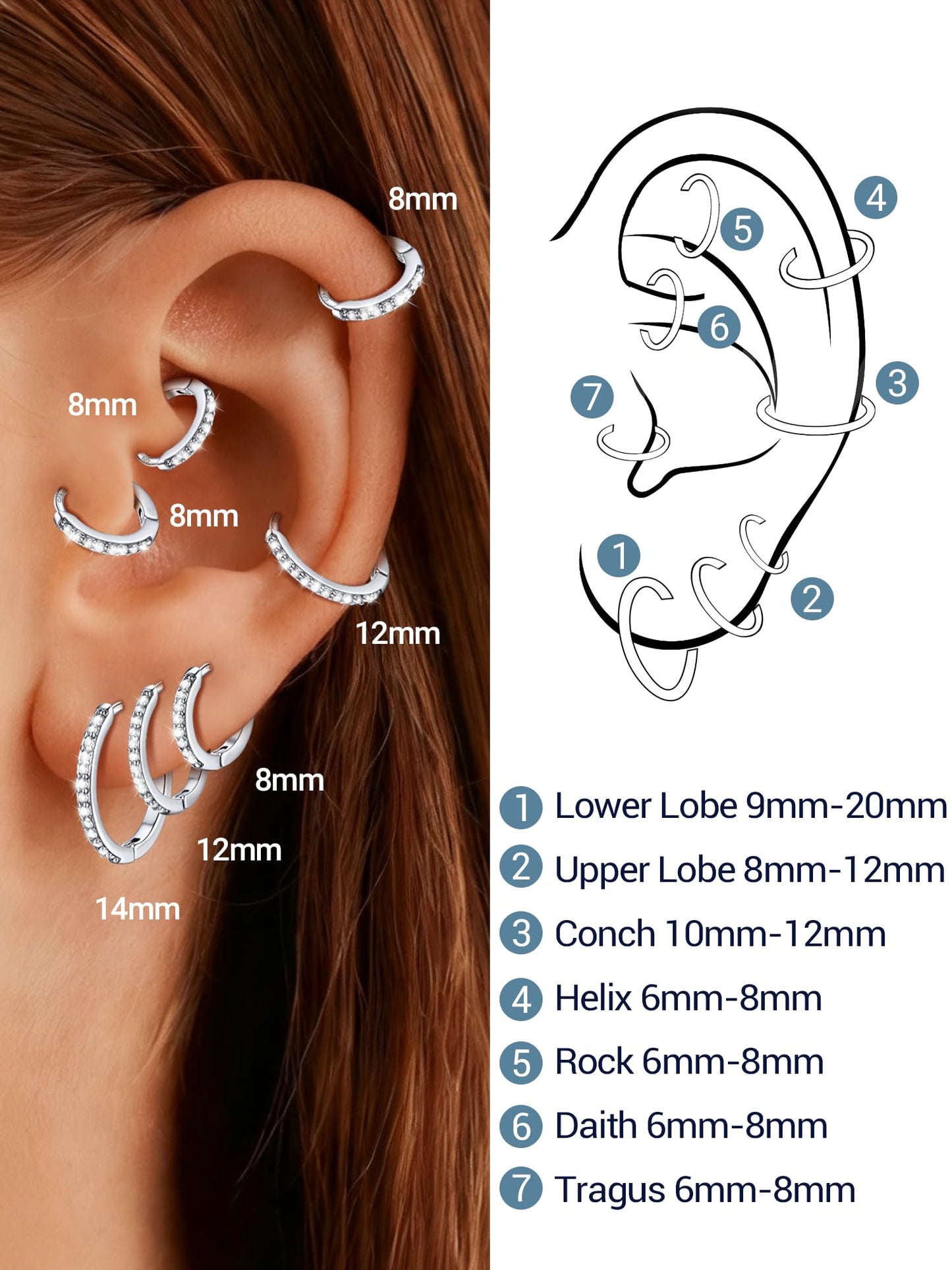 Silver Hoop Earrings For Women Cubic Zirconia Hoops Earring Hypoallergenic 8mm Tiny Huggie Jewelry Non Tarnish Cartilage Piercing Waterproof Ear Earings