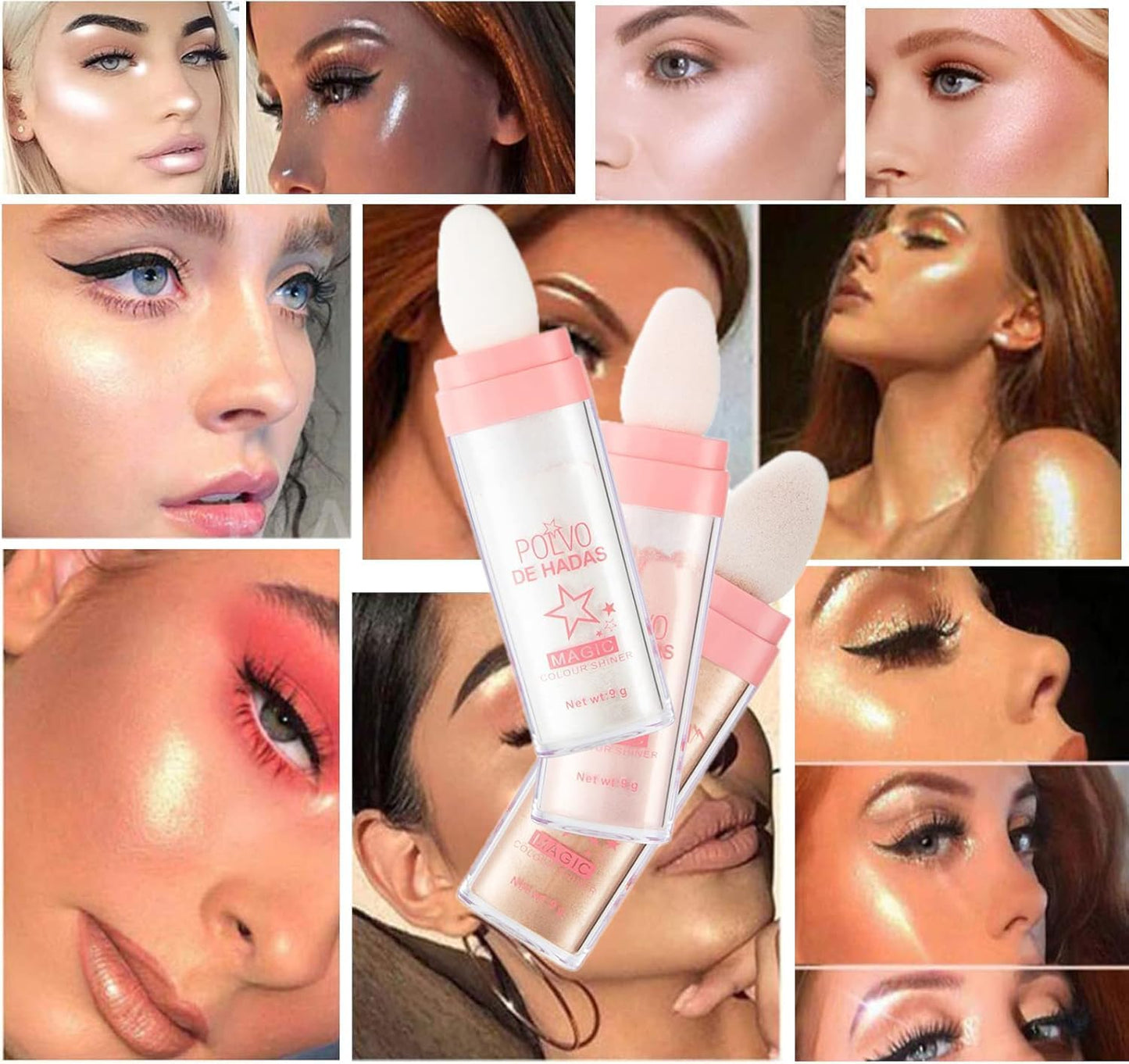 3 Color Polvo De Hadas, Body Glitter Highlighter Powder Fairy Stick for Makeup Shimmer and Shine High Gloss Blush Contour Powder Makeup - Sparkle Patting for Hair Face Eyes Body